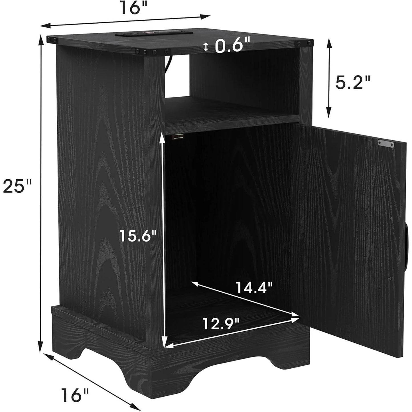CozyHome Farmhouse Nightstand Set of 2 with Charging Station, Wooden End Table, Rustic Night Stand with Storage Cabinet and Shelf, Tall Bedside Table for Bedroom, Living Room, Black