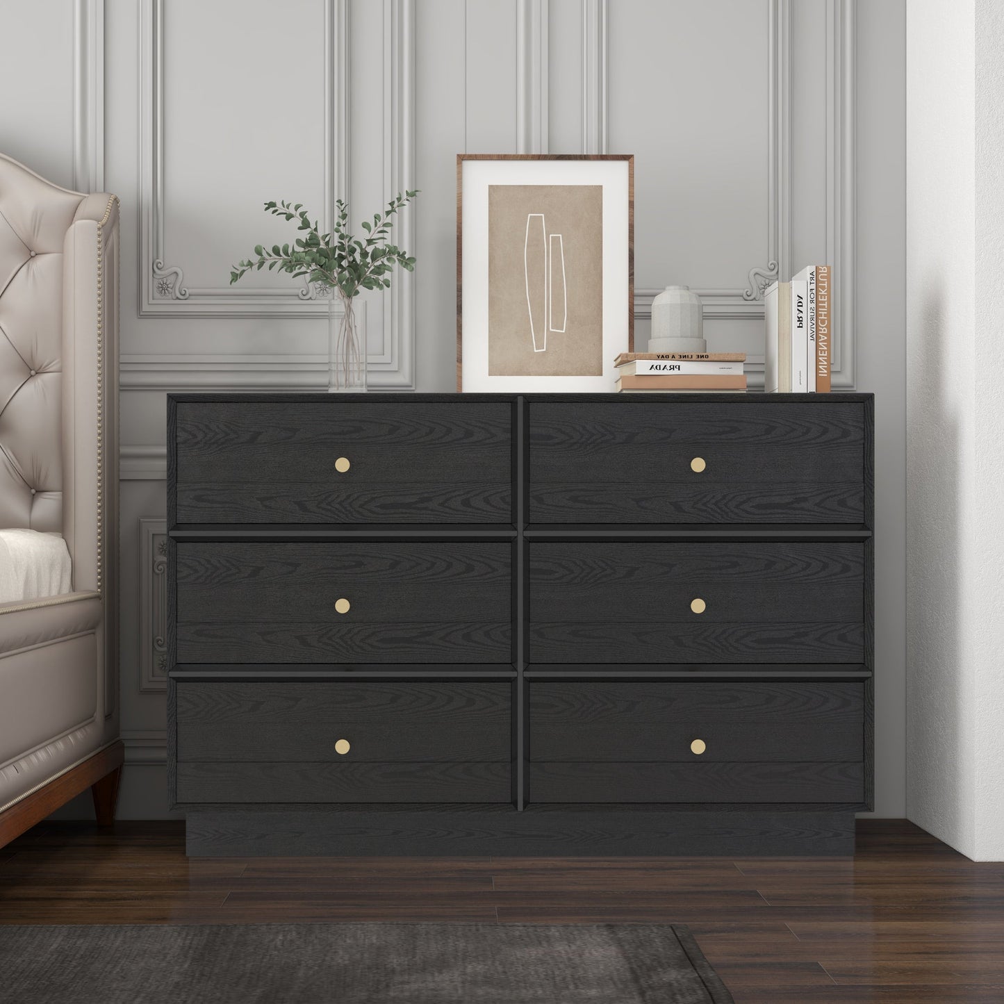 Royalcraft 6 Drawer Dresser, Modern Closet Dressers Chest of Drawers with Crystal Knobs & Decorative Painted Strip, Wood Storage Cabinet for Bedroom Living Room Hallway Closet