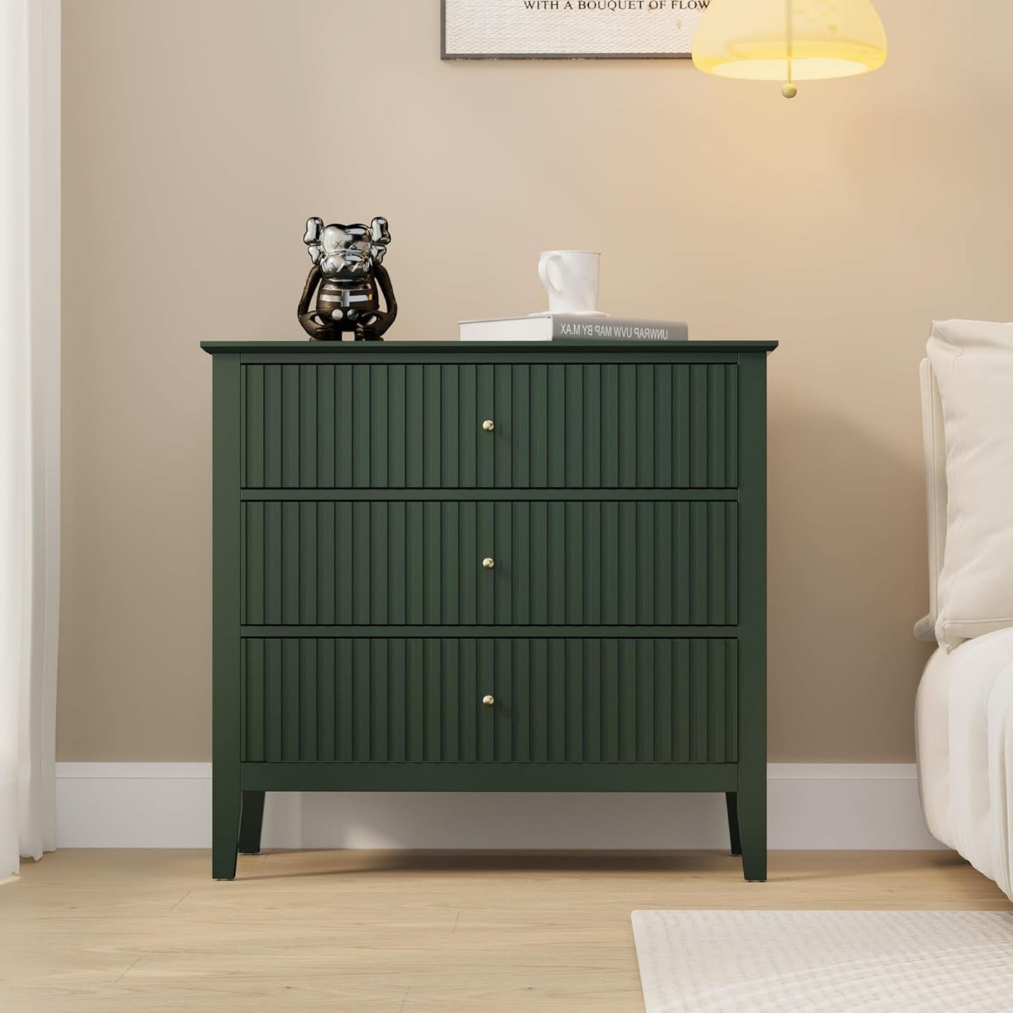 Superjoe Green 3 Drawer Dresser, Painted 30 Inch Tall Wood Nightstand with Storage, Wide Modern Chest of Drawers with Ball Bearing Slide for Bedroom Hallway Living Room Entryway Office