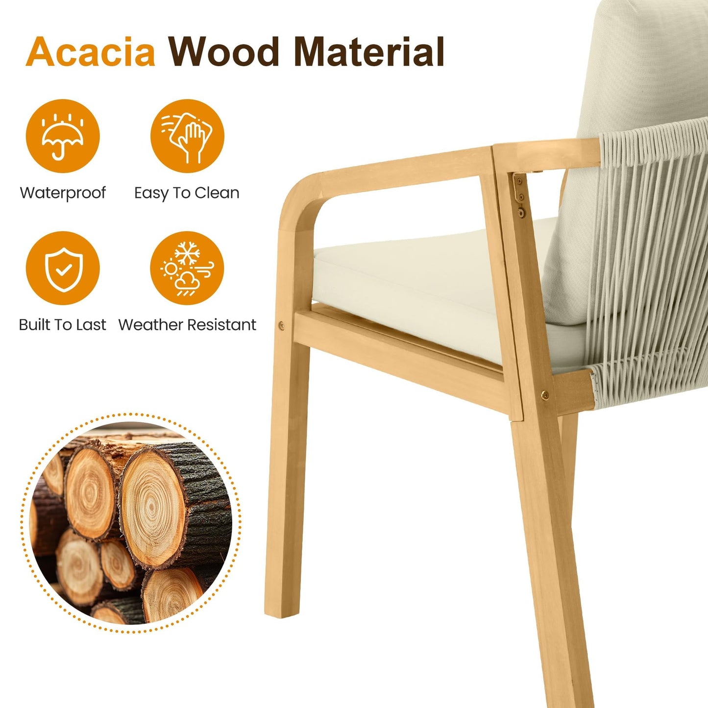 Heynemo Acacia Patio Dining Chairs Set of 4, Outdoor Wood Dining Chairs with Thick Cushions, Modern Patio Chairs with Woven Rope Backrest for Porch, Backyard, Garden, Indoor, Beige