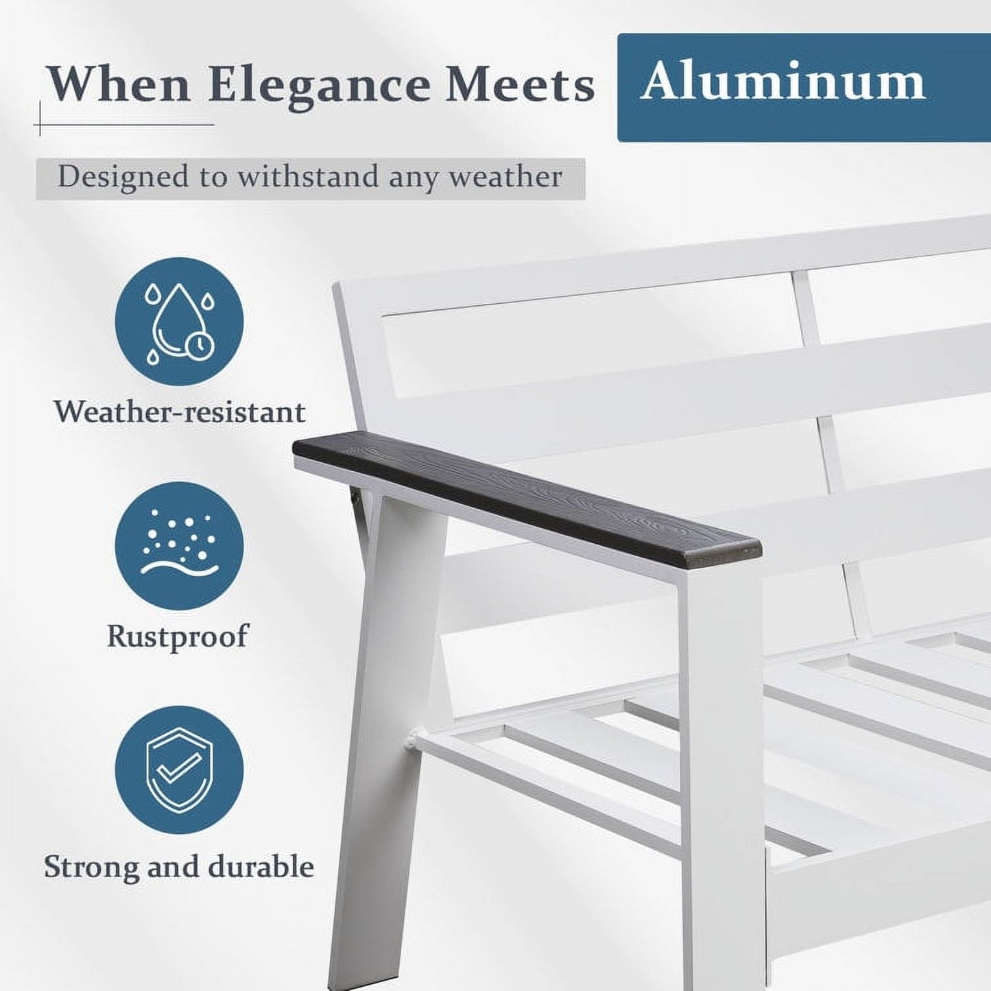 Superjoe Outdoor Aluminum Patio Loveseat Sofa Furniture, Metal All-Weather Modern Patio Sofa Loveseat with Wood Accent Armrest and Angled Backrest, White