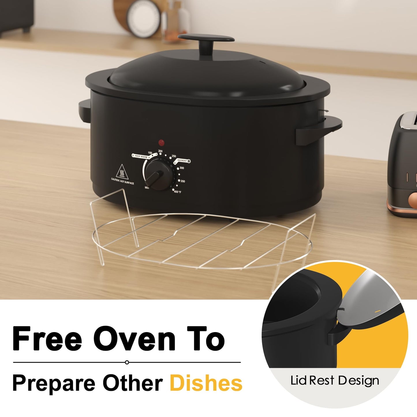 Superjoe 8 QT Electric Roaster Oven with Self-Basting Lid, Turkey Roaster Oven with Defrost Warm Function, Removable Pan and Rack, Stainless Steel Black