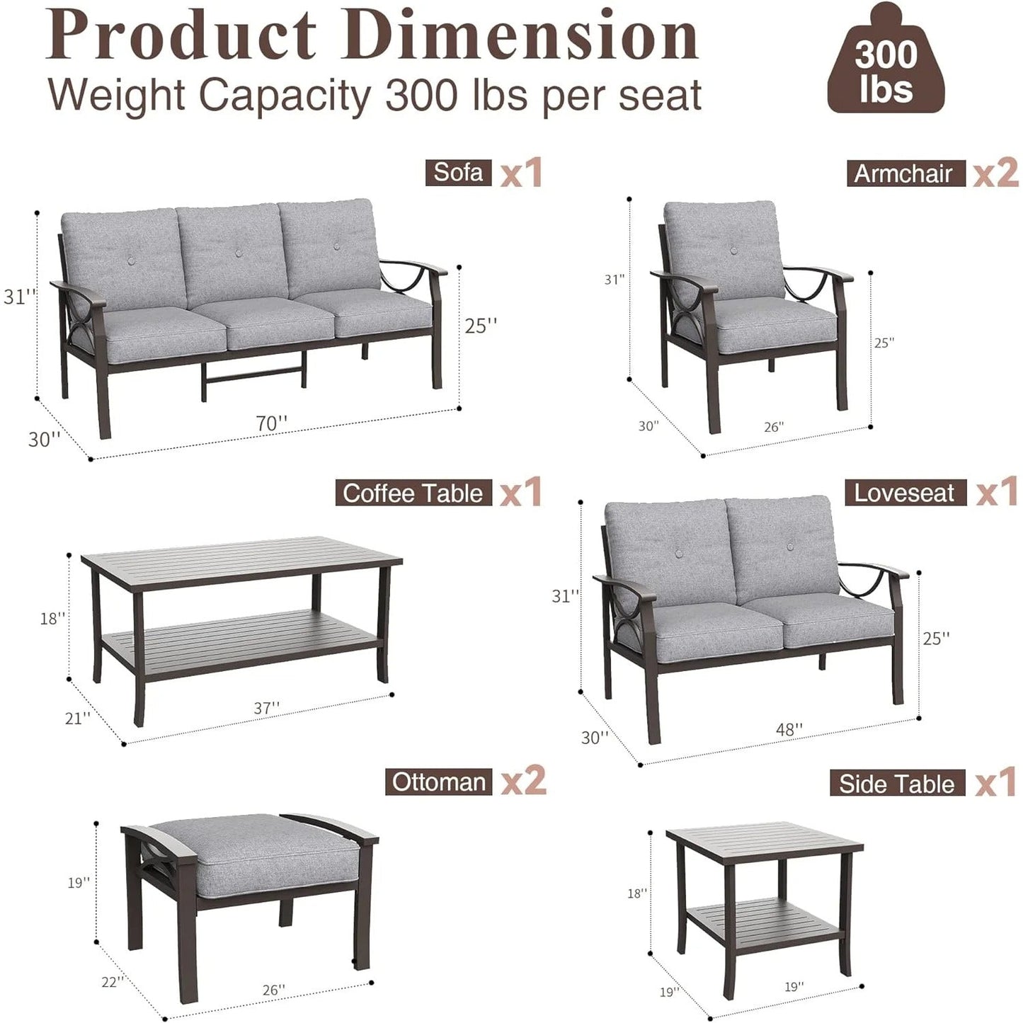 Outdoor Patio Furniture Set, 8 Piece Patio Conversation Set with Coffee Table Side Table and Ottomans, Metal Furniture Set for Porch Backyard Garden, Grey