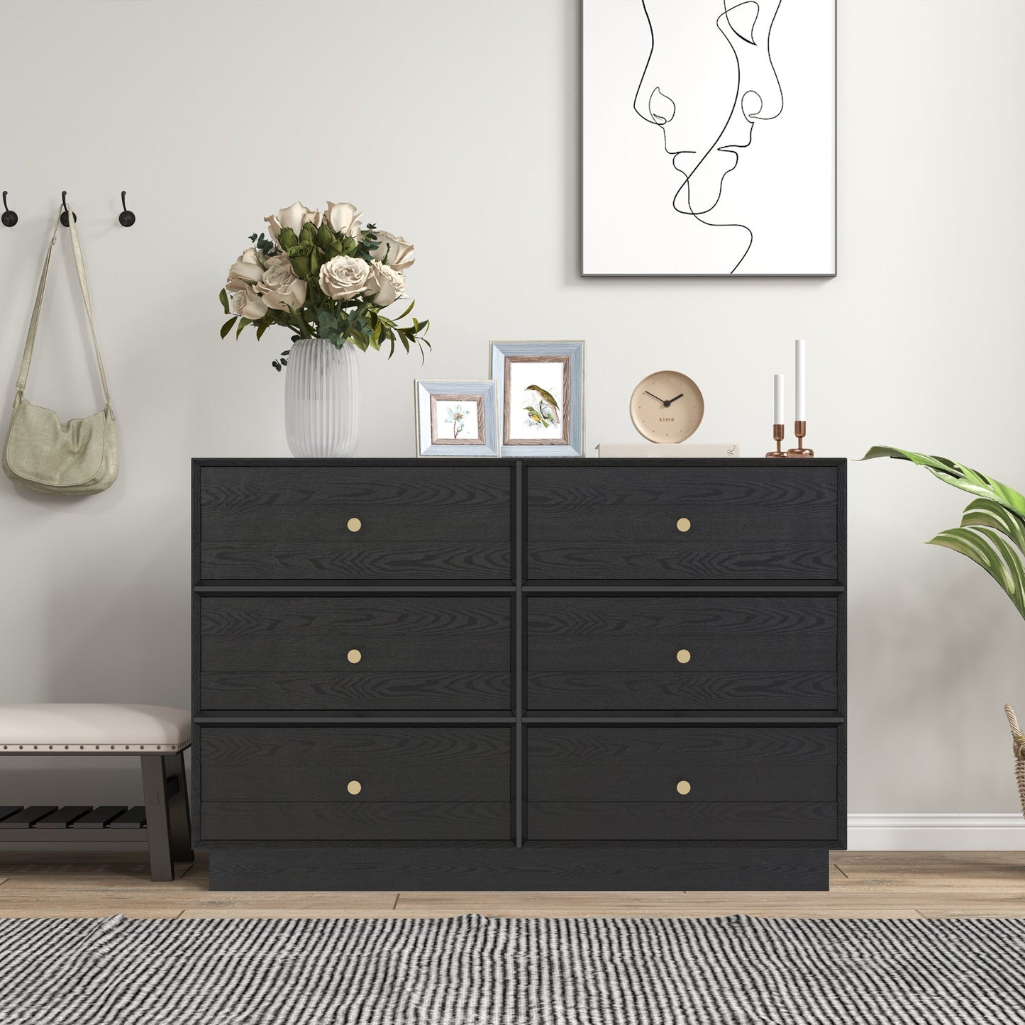 Royalcraft 6 Drawer Dresser, Modern Closet Dressers Chest of Drawers with Crystal Knobs & Decorative Painted Strip, Wood Storage Cabinet for Bedroom Living Room Hallway Closet