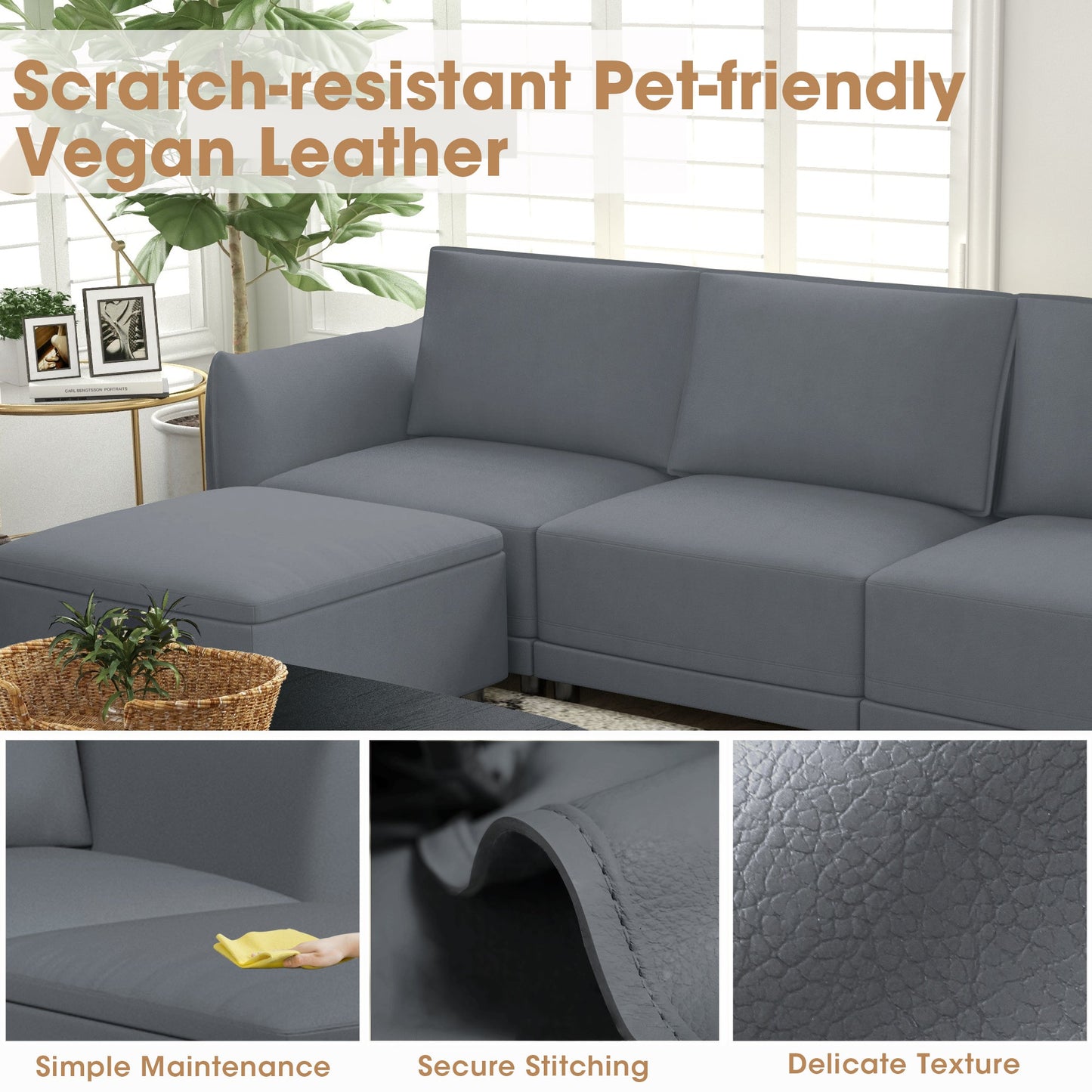 Royalcraft Convertible Sectional Sofa, 107.87" L-Shaped Couch, Modern Vegan Leather Couches for Living Room, Apartment, Office, and Small Space