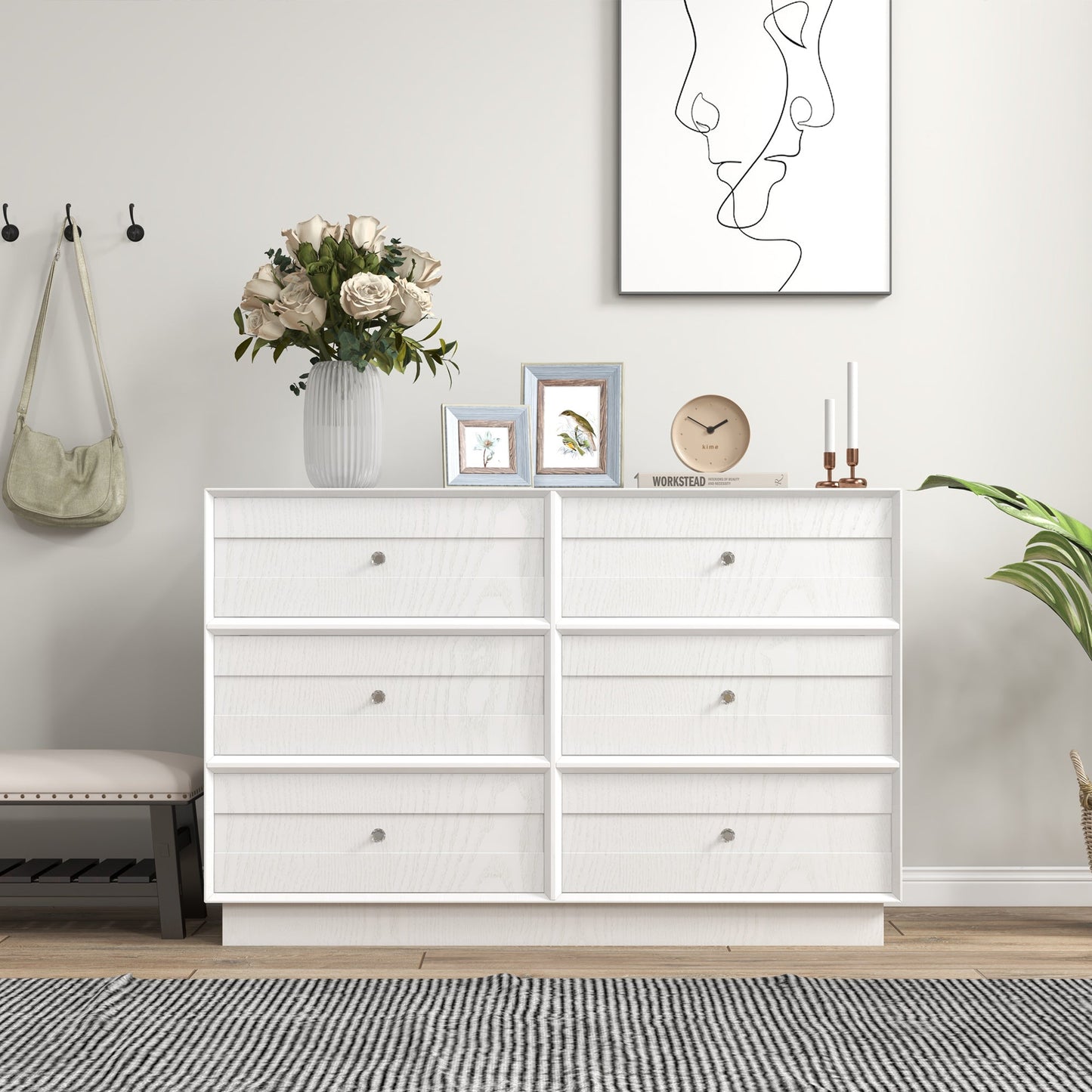 Royalcraft 6 Drawer Dresser, Modern Closet Dressers Chest of Drawers with Crystal Knobs & Decorative Painted Strip, Wood Storage Cabinet for Bedroom Living Room Hallway Closet