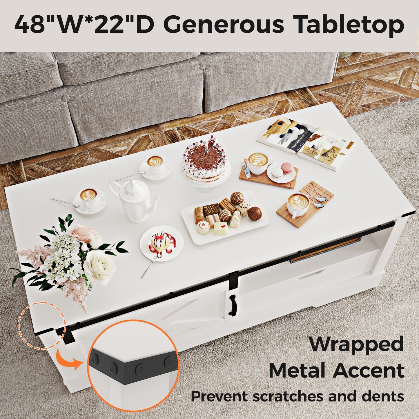 Farmhouse Coffee Table with Storage and Sliding Barn Door, 48'' Rustic Living Room Table , Rectangular Center Table