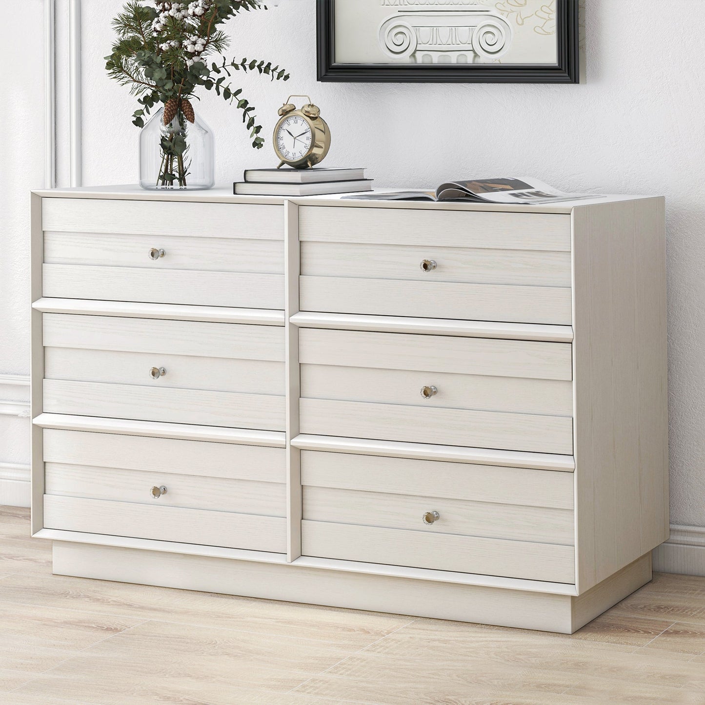 Royalcraft 6 Drawer Dresser, Modern Closet Dressers Chest of Drawers with Crystal Knobs & Decorative Painted Strip, Wood Storage Cabinet for Bedroom Living Room Hallway Closet