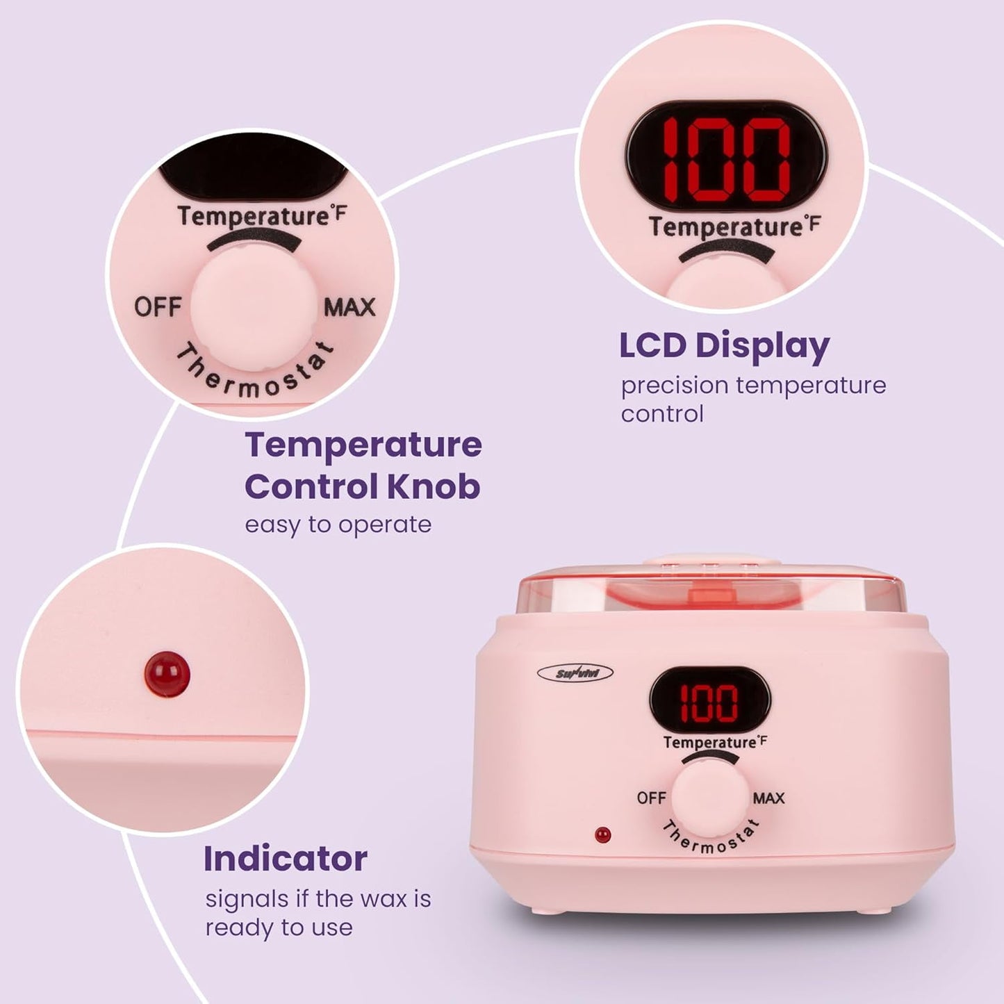 Superjoe Waxing Kit, Brazilian Wax Warmer for Hair Removal with 5 Bag Hard Wax Beads, Digital Display Wax Melt Warmer Kit for Women Men Full Body, Legs, Face, Bikini,Sensitive skin, Pink