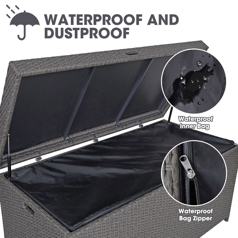 Royalcraft Outdoor Storage Box, 140 Gallon Grey PE Wicker Patio Storage Bin Patio Deck Boxes with Waterproof Inner