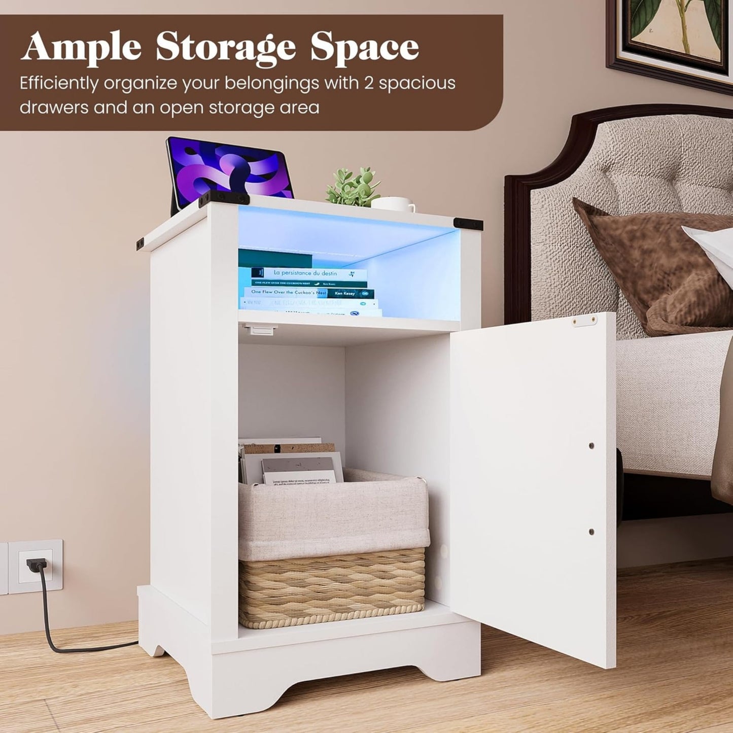 Superjoe LED Nightstand Set of 2 with Charging Station, Bedside Table with Storage Cabinet and Shelf, Rustic End Table, Farmhouse Wooden Side Table, for Bedroom, Living Room, White