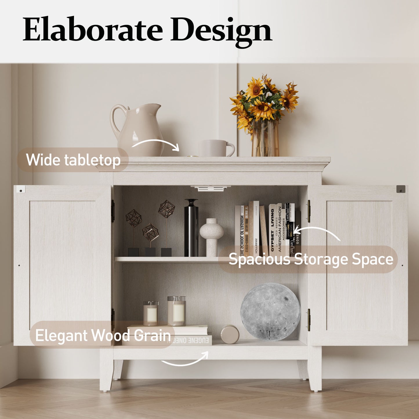 Storage Cabinet, Kitchen Sideboard Cabinet with Rattan Decor Doors, Accent Buffet Cabinet with Adjustable Storage Shelf, Wood Cabinet Organizer for Hallway, Dining Room, Living Room