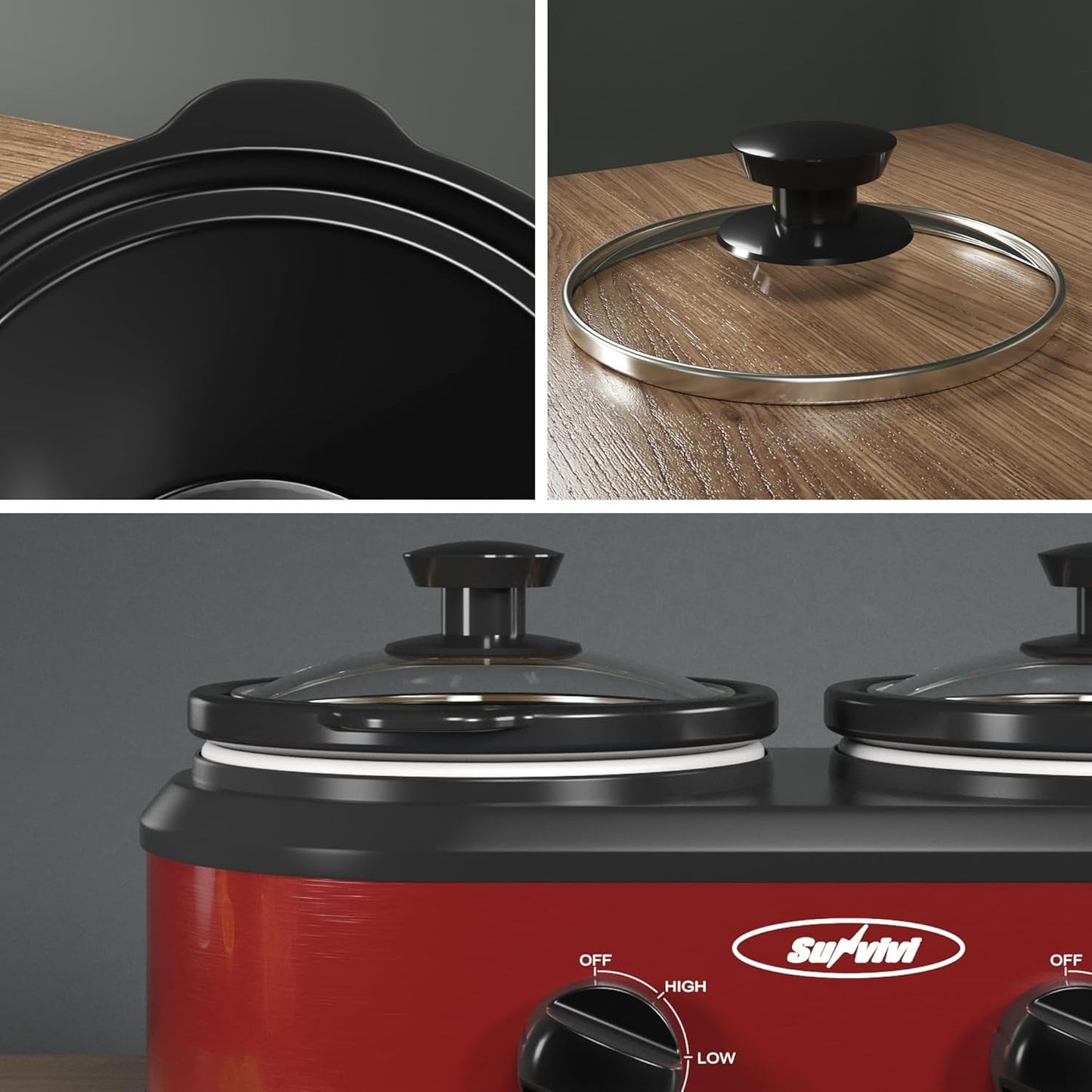 Superjoe Double Slow Cooker,2 Pot Small Mini Crock Buffet Servers and Warmer,Dual Pot Oval Manual Slow Cooker with Adjustable Temp Removable Ceramic Pot,Stainless Steel, Total 2.5 Quarts Red