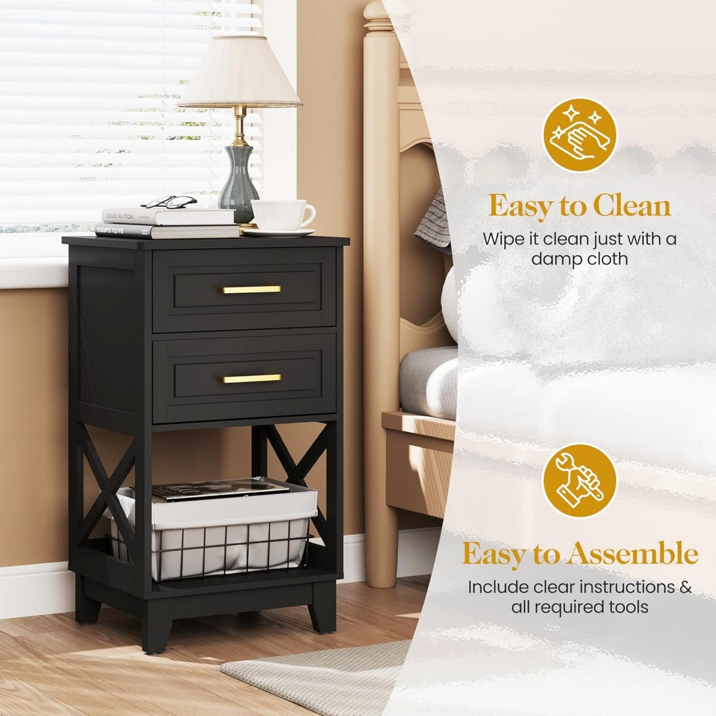 Superjoe Tall Nightstand Set of 1, Side Table with 2 Drawers and Open Shelf Below, Bedside Table with Solid Feet, Modern Night Stand End Table for Bedroom, Living Room, Home Office, Black