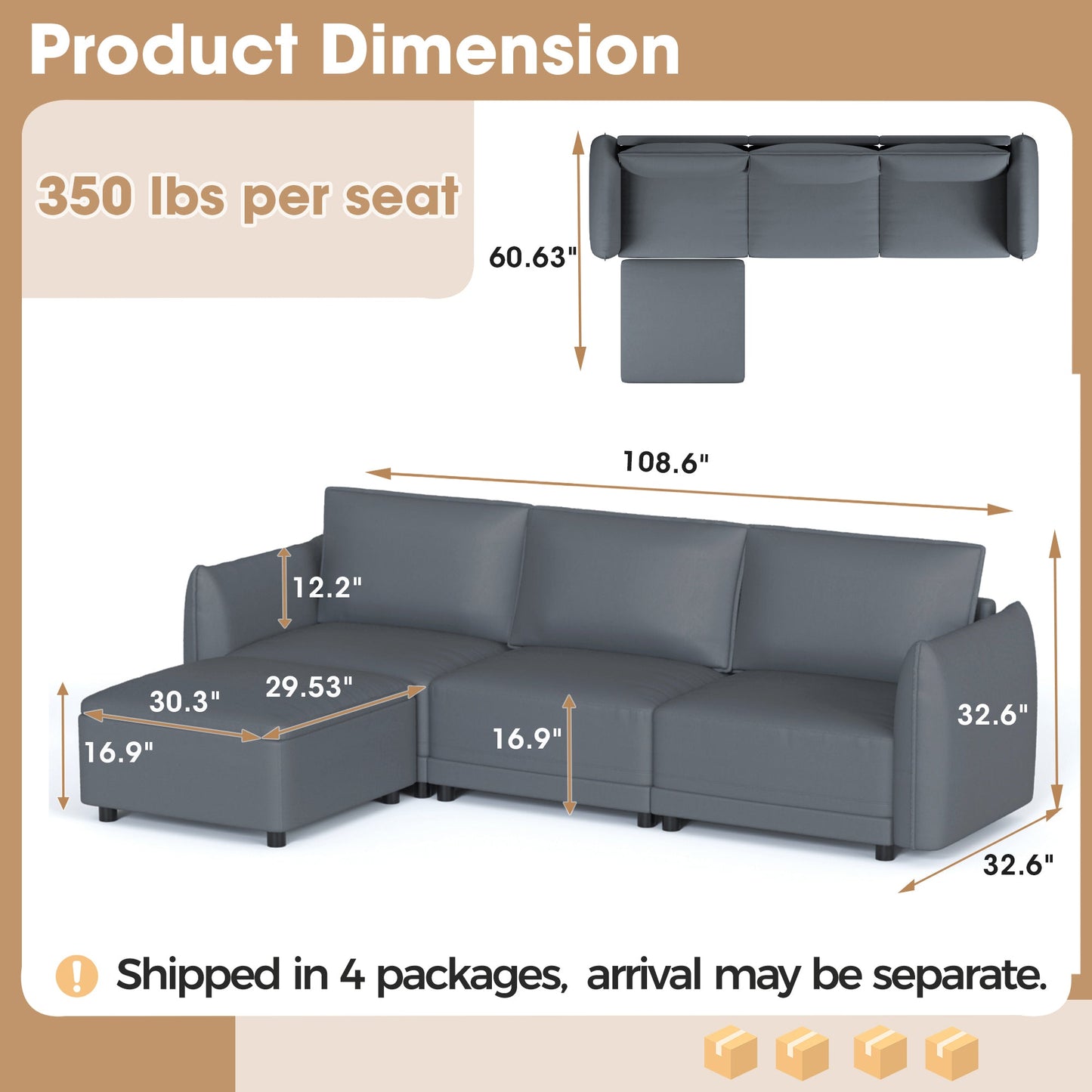Royalcraft Convertible Sectional Sofa, 107.87" L-Shaped Couch, Modern Vegan Leather Couches for Living Room, Apartment, Office, and Small Space