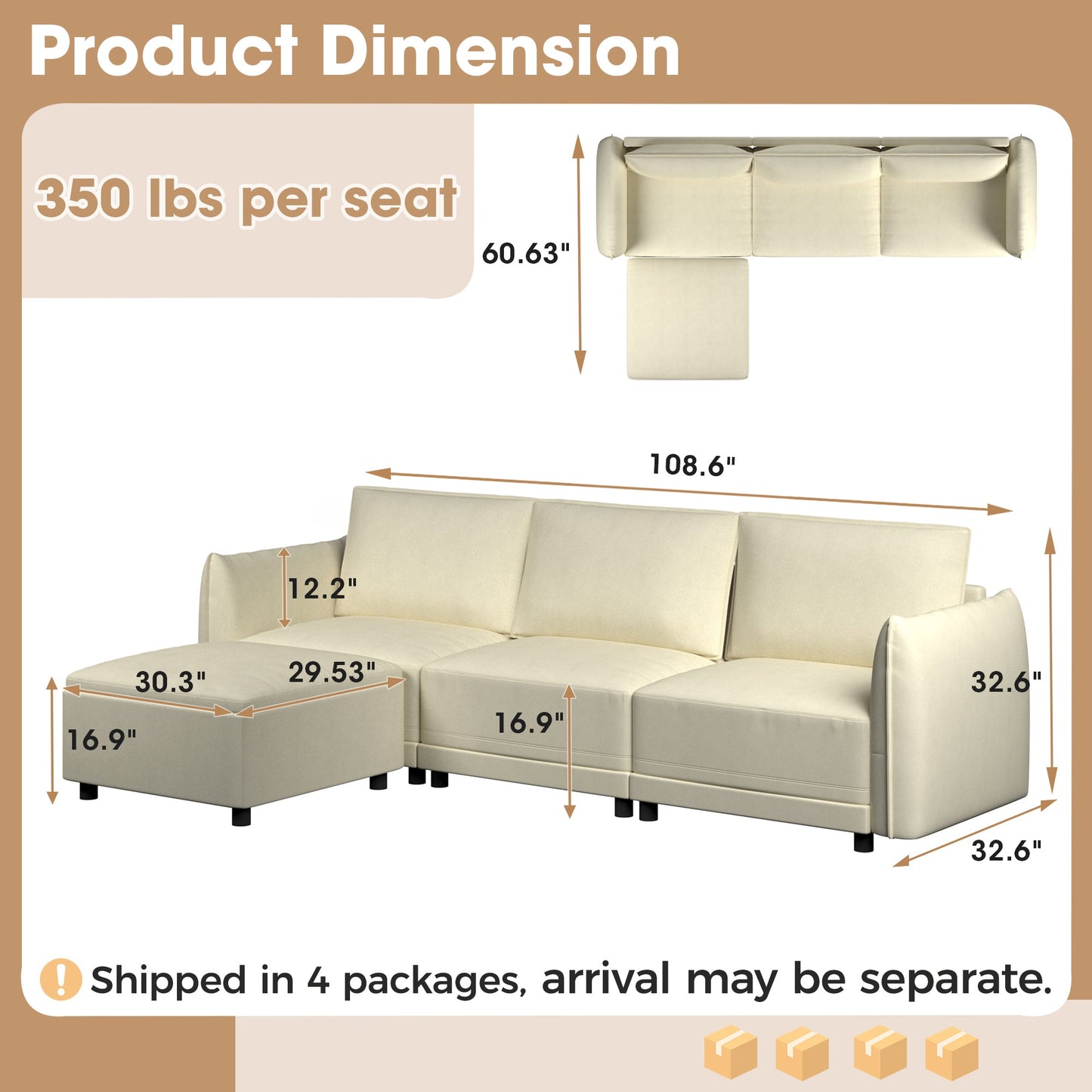 Royalcraft Convertible Sectional Sofa, 107.87" L-Shaped Couch, Modern Vegan Leather Couches for Living Room, Apartment, Office, and Small Space