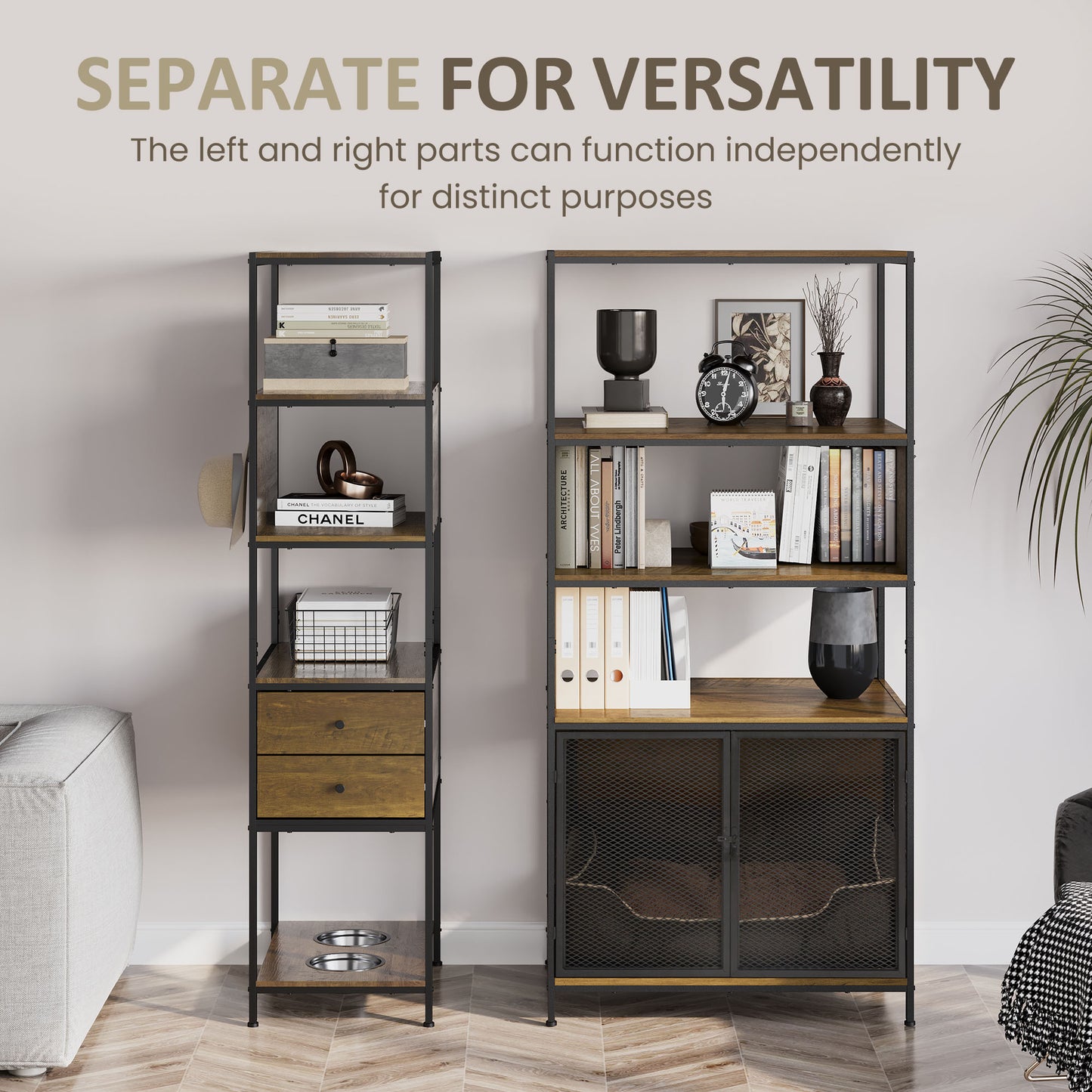 Dog Crate Furniture with Display Shelf, Decorative Dog Crate with Dog Bowl, Cat Litter Box Furniture Industrial Bookshelf, Furniture Style Dog Crate for Medium Dog, Brown