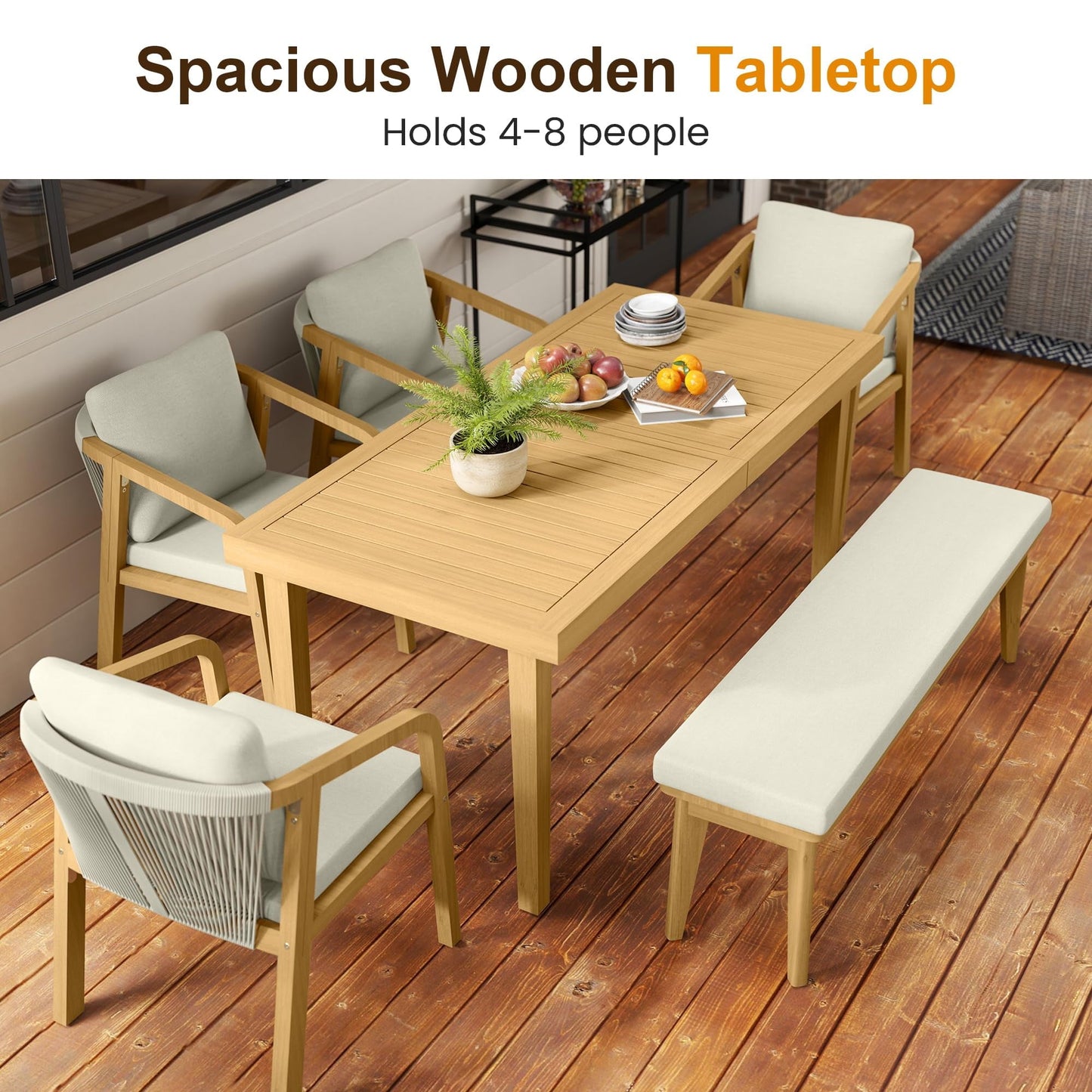 Heynemo Acacia Patio Dining Set 7 Pieces, Patio Dining Table and Chairs Set, Modern Outdoor Dining Furniture Set for Lawn Backyard Garden Deck, Beige