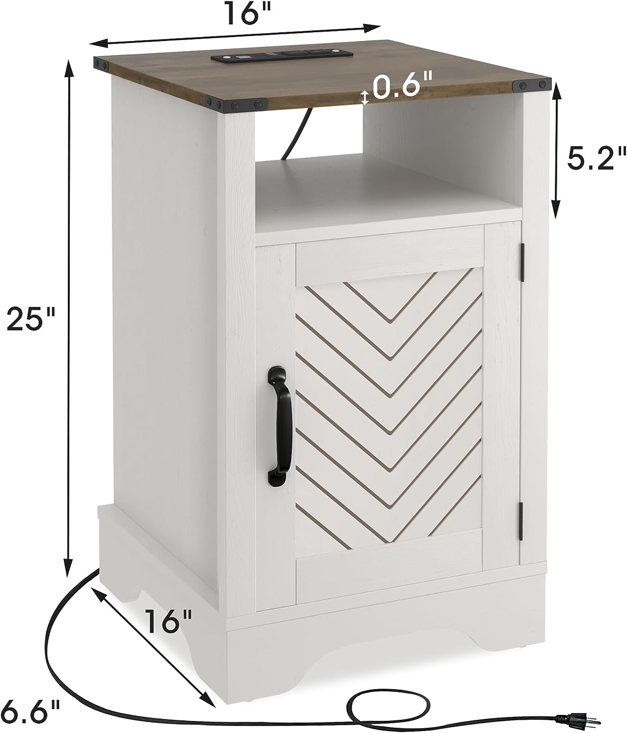 RoyalCraft White Nightstand with Charging Station, Farmhouse Bedside Table with X-Shaped Design,Wooden Rustic End Table with Large Storage Room and Shelf for Bedroom, Living Room