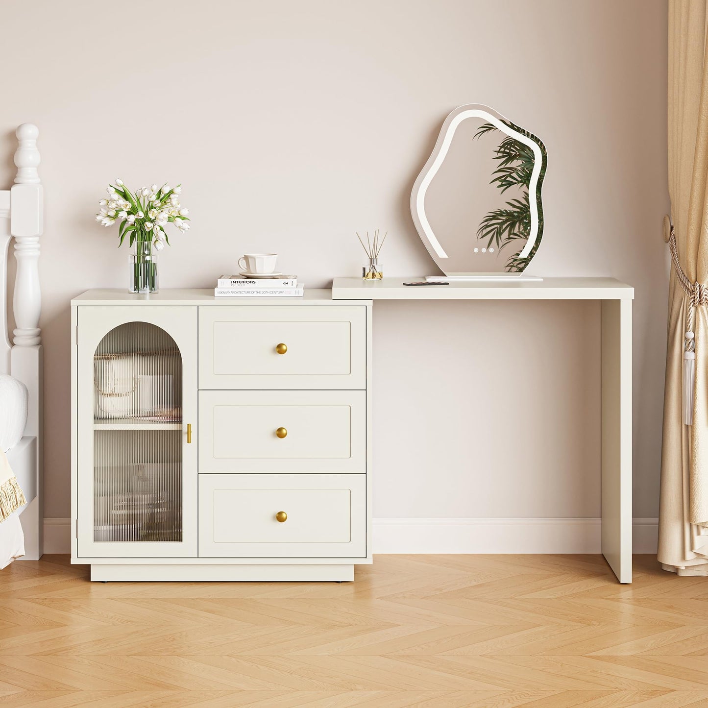 CozyHome Makeup Vanity Desk, Extendable Corner Vanity Makeup Table with 3 Drawers & 1 Door, Modern Dressing Table for Bedroom, Vanities for Women/Girls Bedroom (without Mirror)