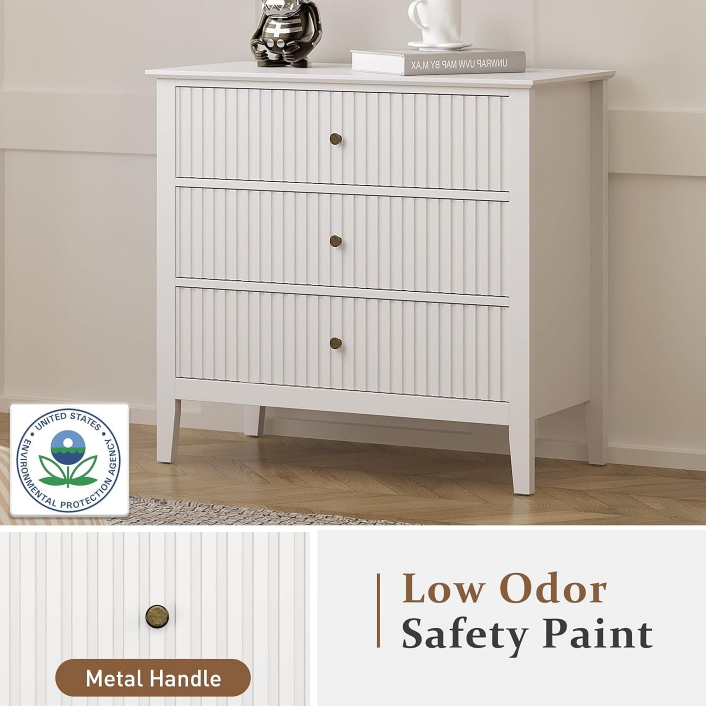 Superjoe White 3 Drawer Dresser, Painted 30 Inch Tall Wood Nightstand with Storage, Wide Modern Chest of Drawers with Ball Bearing Slide for Bedroom Hallway Living Room Entryway Office