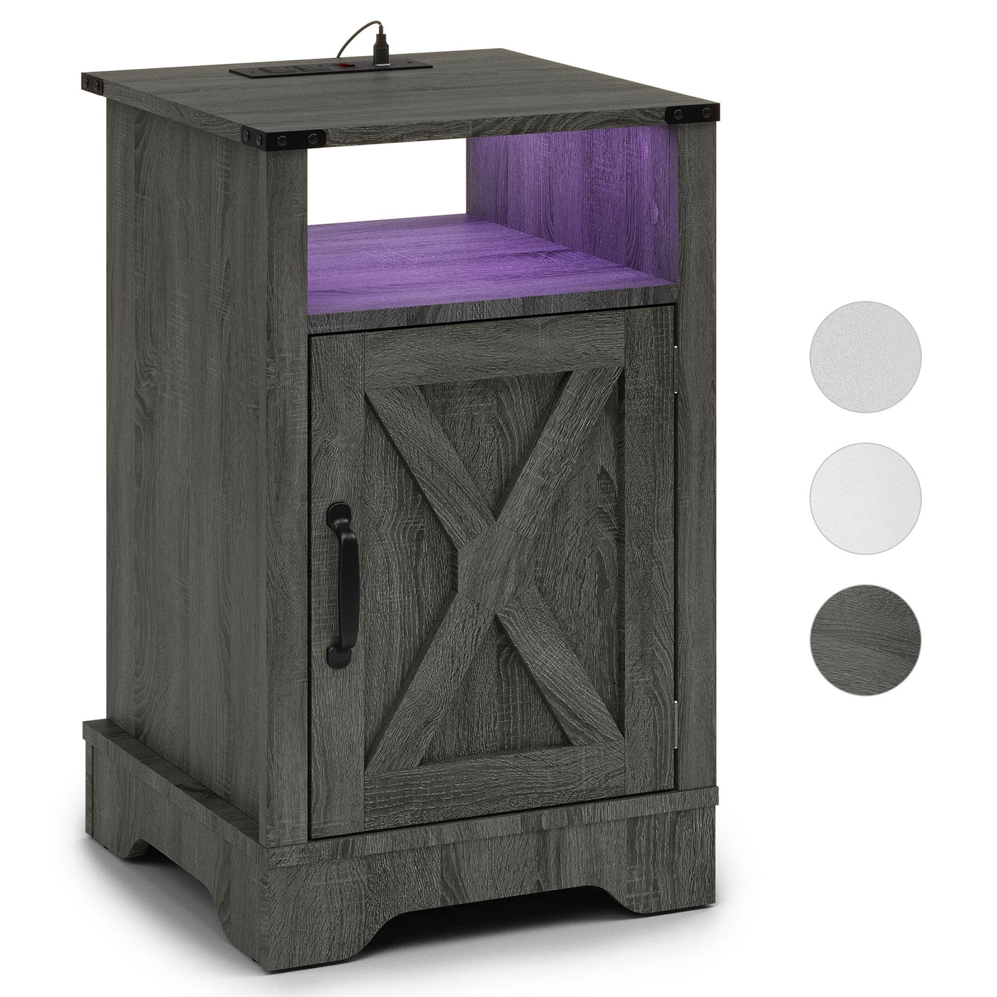 LED Nightstand with Charging Station, Farmhouse Wooden Side Table, Bedside Table with Storage Cabinet and Shelf, Rustic End Table for Bedroom, Living Room