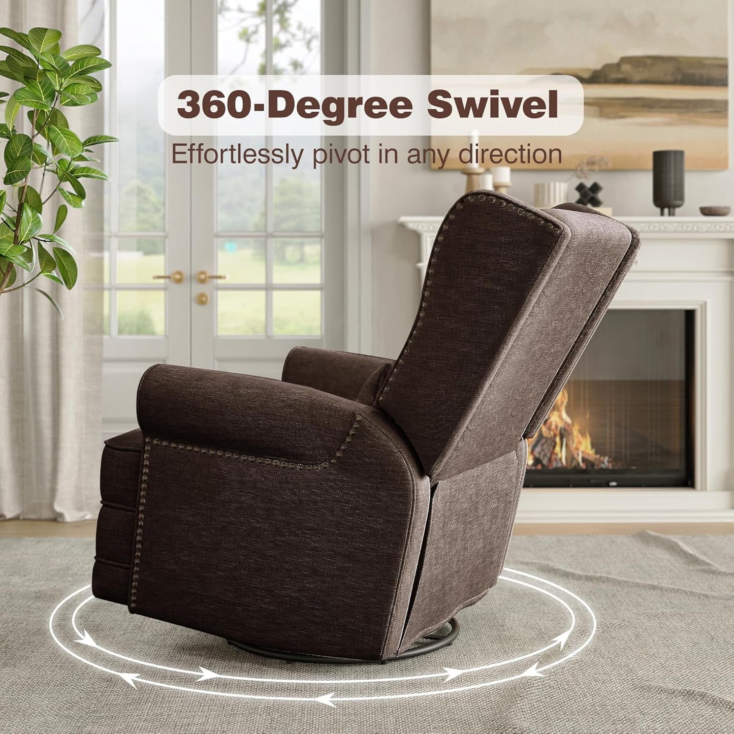 Superjoe Swivel Recliner Chair, Comfy Glider Rocking Chairs with Lumbar Pillow and Footrest, Upholstered Swivel Rocking Chair for Bedroom,Nursery, Brown