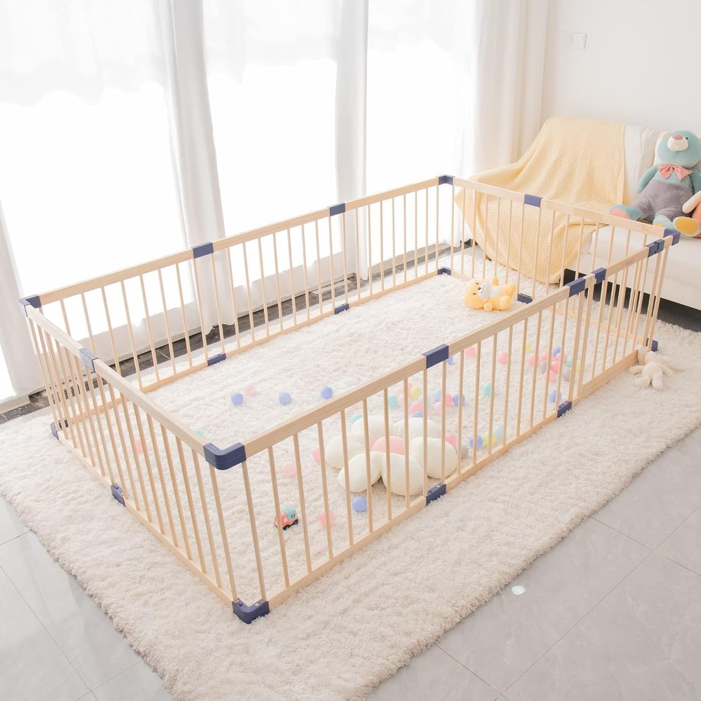 Superjoe Baby Playpen Kids Fence with Safety Gate, Activity Play Center, Safety and Anti-Drop Function, Safety Play Yard Indoor Outdoor Pure Wooden Baby Playpen (94.5"*55"*24")