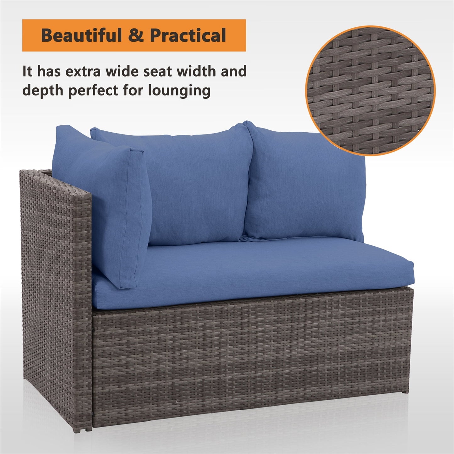 CozyHom 7 Pcs Modern Outdoor Patio PE Wicker Rattan Conversation Sofa Furniture Set, Sectional Furniture Couch Sets with Dining Table and Cushions, Blue