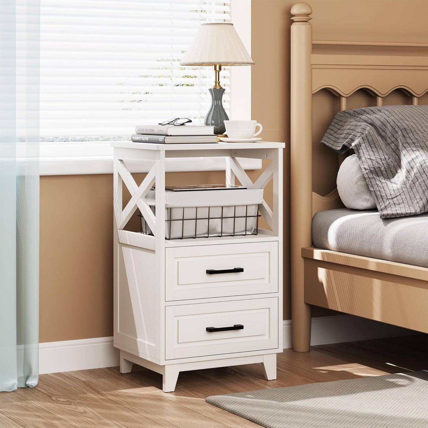 Superjoe Tall Nightstand Set of 2, Side Table with 2 Drawers and Open Shelf Top, Bedside Table with Solid Feet, Modern Night Stand End Table for Bedroom, Living Room, Home Office, White