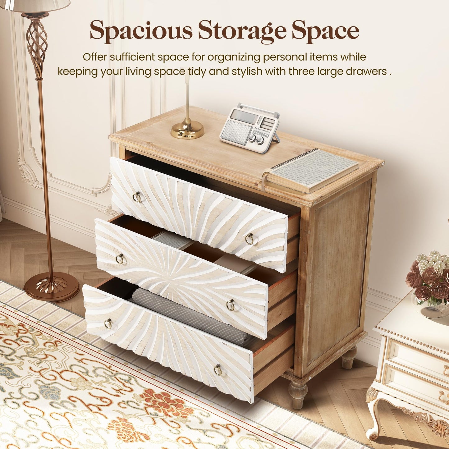 Superjoe 3 Drawer Dresser, 3 Chest of Drawers, Accent Storage Cabinet with Drawers, Wooden Closet Organizer, Bedside Table with Gourd Legs, Nightstand for Bedroom Hallway Living Room, Natural Color