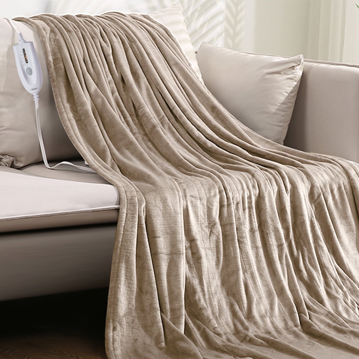 Superjoe Electric Throw Heated Blanket, Double-Layer Flannel, 4 Heat Settings and Auto-off, 60" x 50", Beige