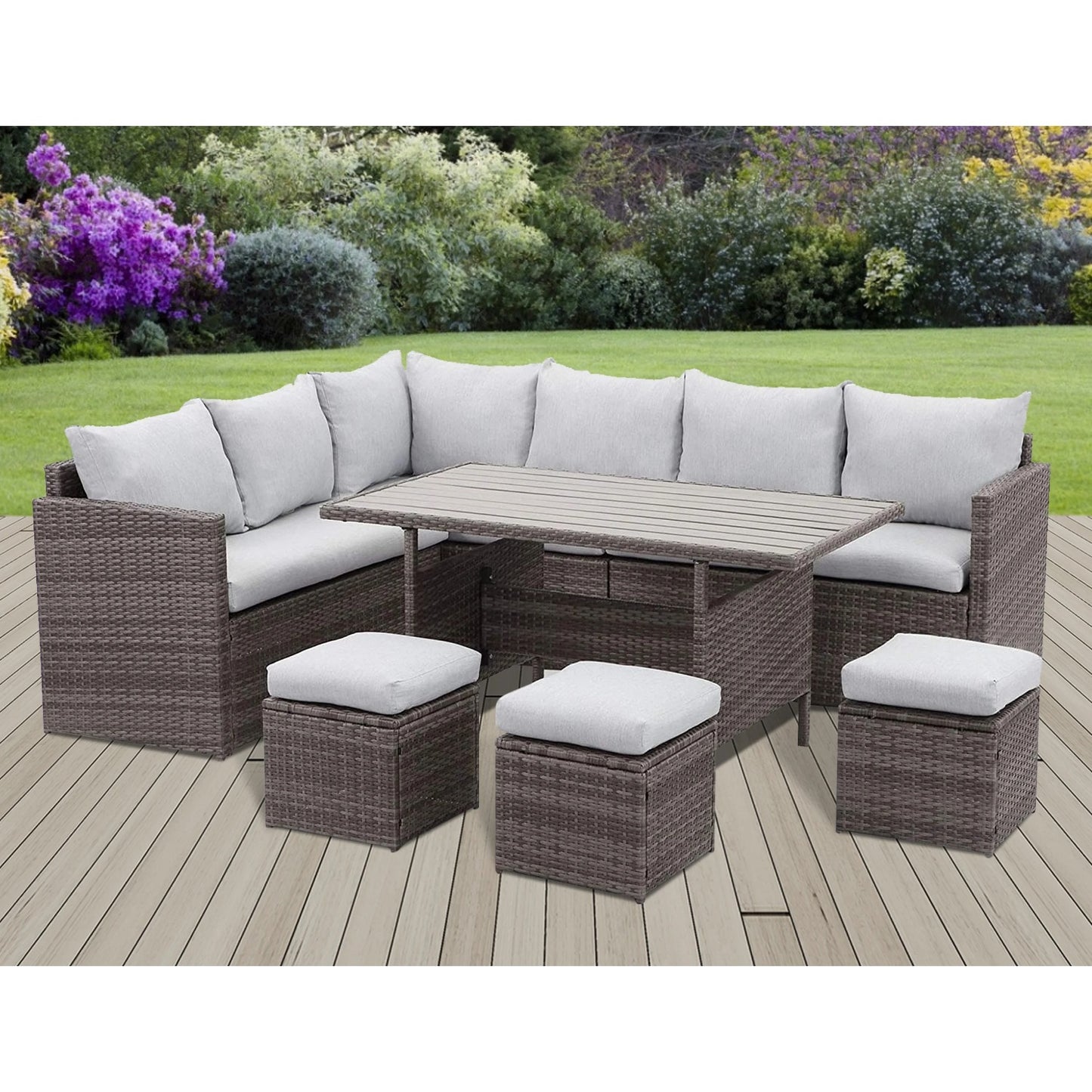 CozyHom 7 Pcs Outdoor Sectional Dining Sectional Sofa Furniture Set, Outdoor Patio Rattan Wicker Sectional Conversation Couch With Dining Table, Gray