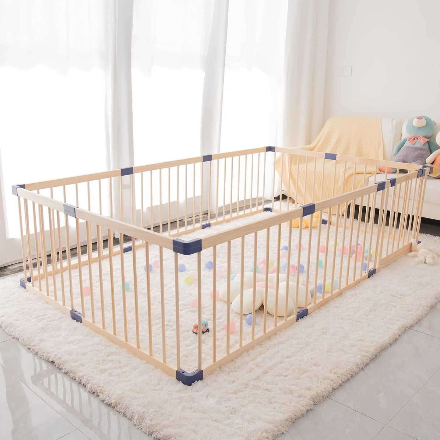 Superjoe Baby Playpen Kids Fence with Safety Gate, Activity Play Center, Safety and Anti-Drop Function, Safety Play Yard Indoor Outdoor Pure Wooden Baby Playpen (94.5"*55"*24")