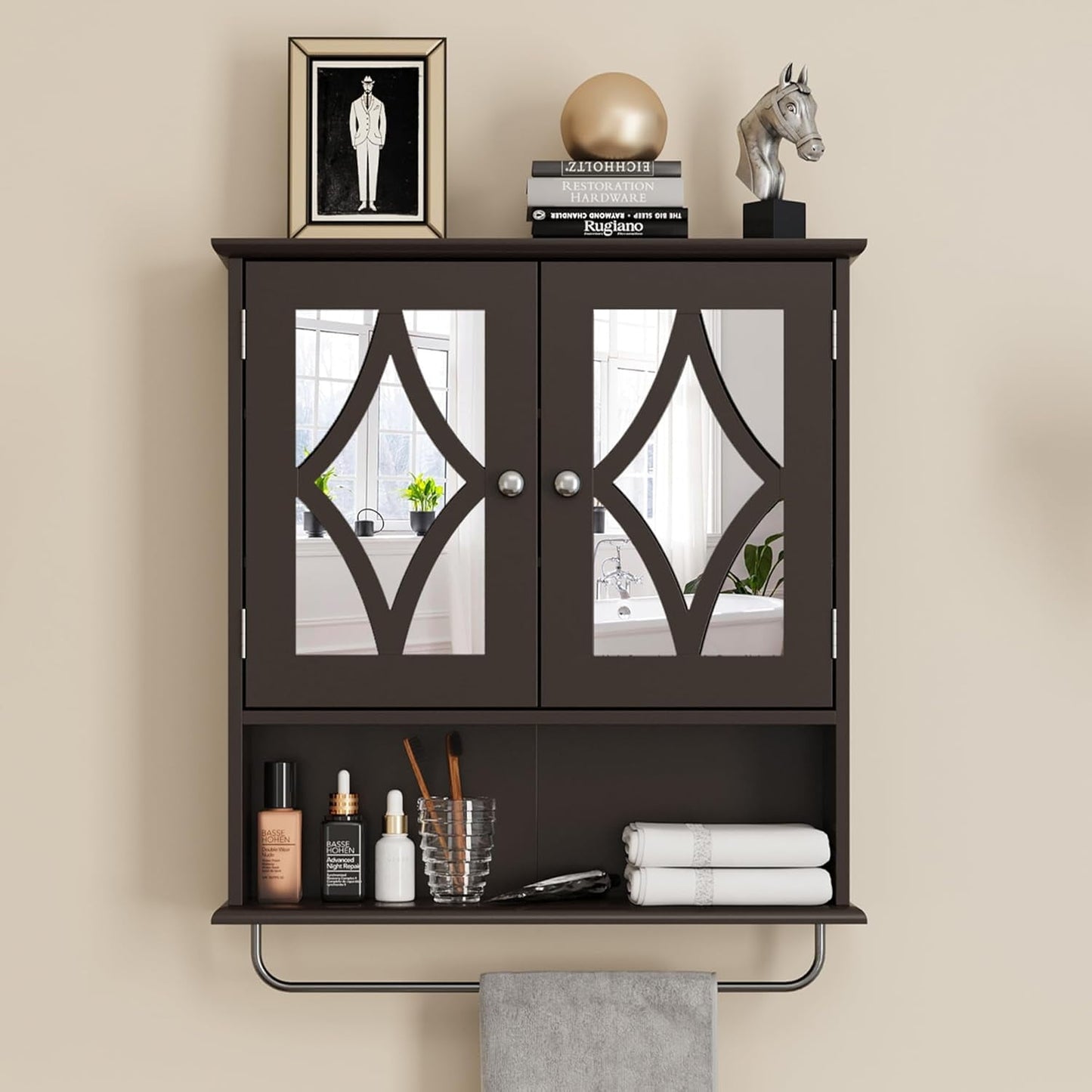 Superjoe Bathroom Medicine Cabinet with Mirror, Vanity Wall Mounted Storage Cabinet with Adjustable Shelves and Towel Bar, Hanging Wall Cabinet for Bathroom, Laundry, Living Room, Brown