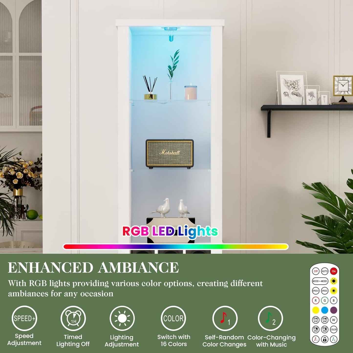 Superjoe 75'' Tall Storage Cabinet with LED Light, Farmhouse Pantry Cabinet with Tempered Glass Adjustable Shelves & Wine Storage Rack, Freestanding Linen Tower for Bathroom, Living Room,White