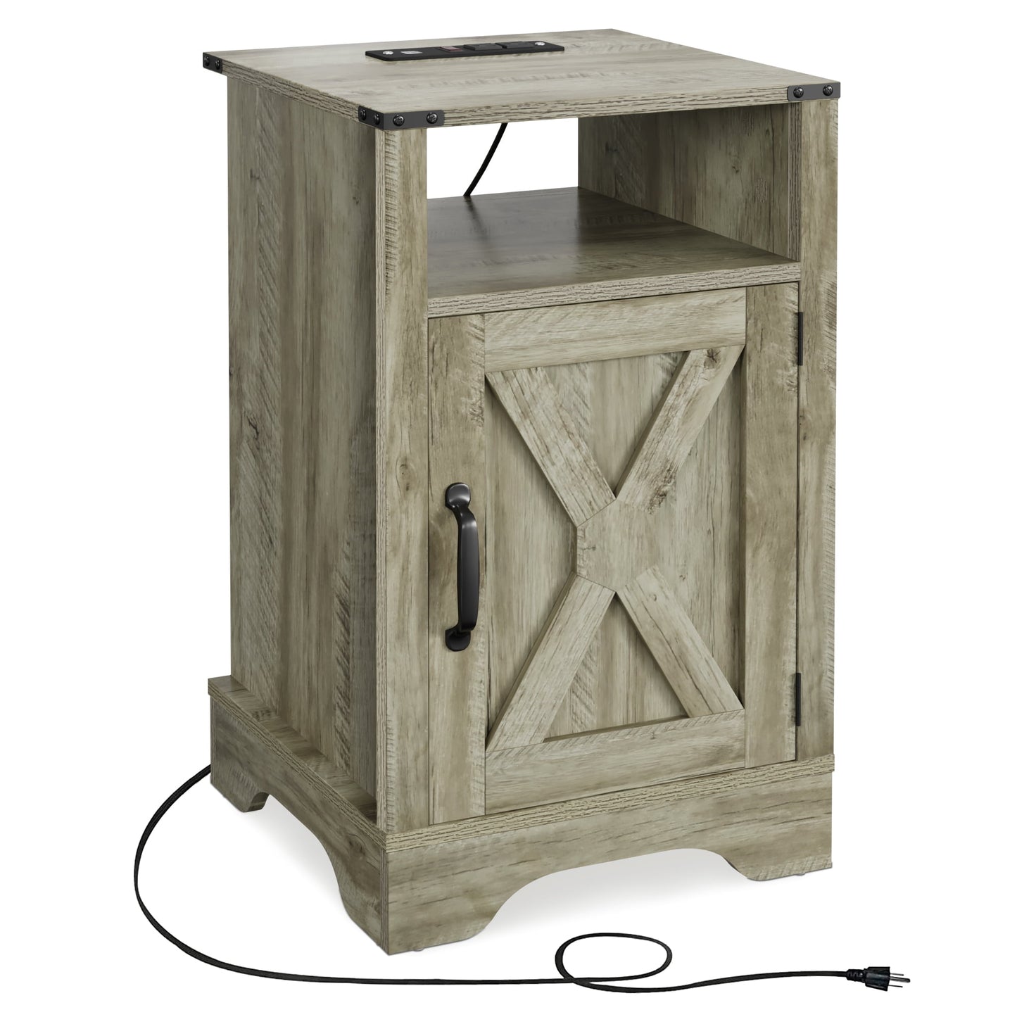 CozyHom Modern Farmhouse USB Nightstand With Charging Station, End Side Table With Charging Station&Storage Cabinet For Bedroom, Light Grey