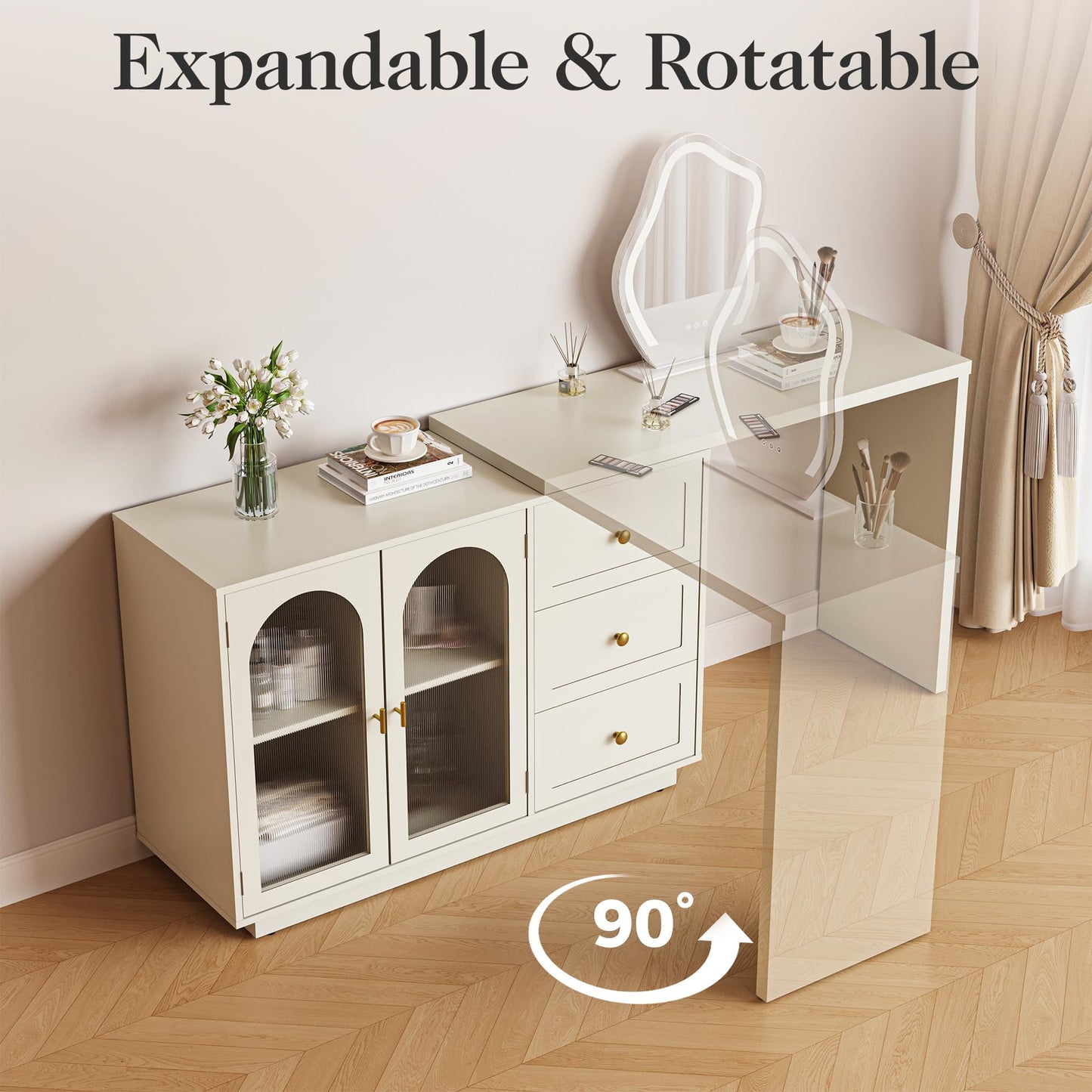 Superjoe Makeup Vanity Desk, Extendable Corner Vanity Makeup Table with 3 Drawers & 2 Door, Modern Dressing Table for Bedroom, Vanities for Women/Girls Bedroom (without Mirror)