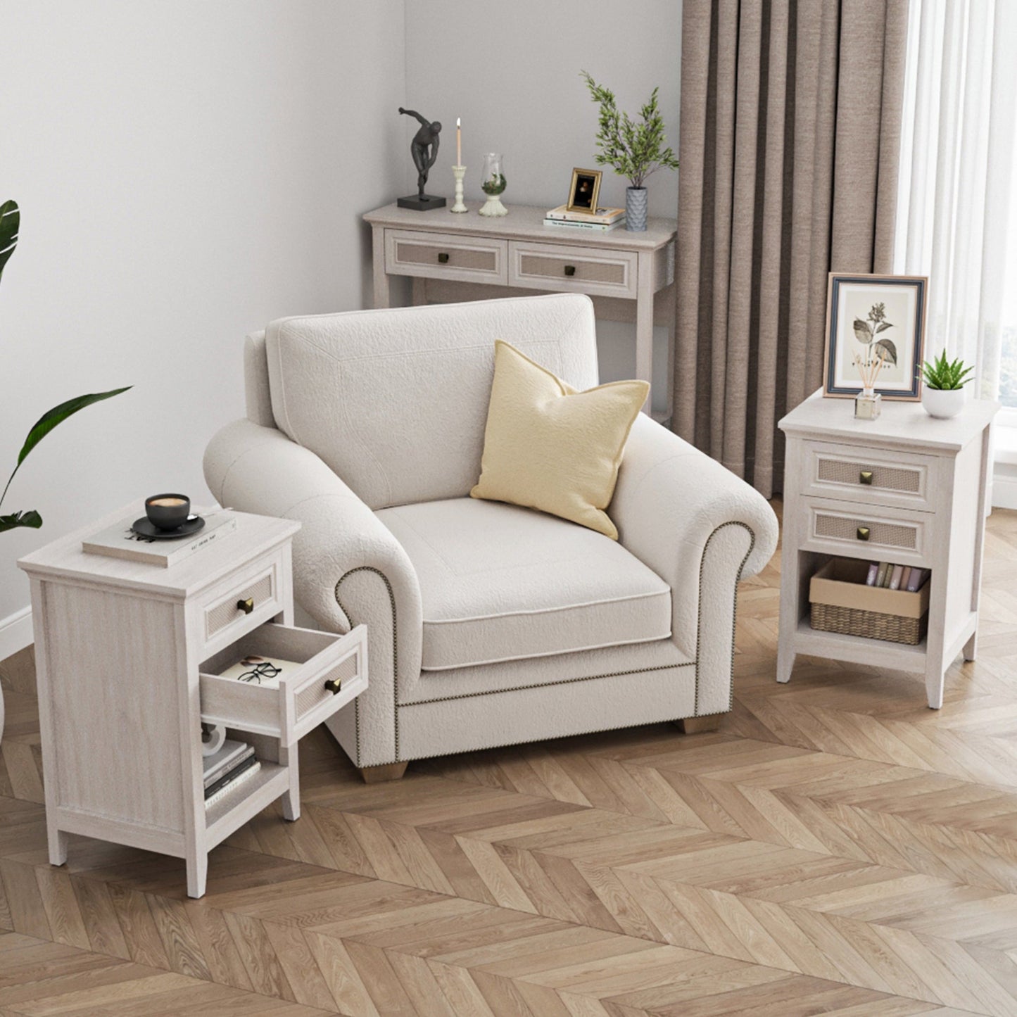 Royalcraft Farmhouse Nightstand, Boho Bedside Table with 2 Rattan Decor Drawers, Accent End Table with Open Storage Shelf, Wood Bedside Unit for Bedroom, Living Room, Home Office, Grayish White