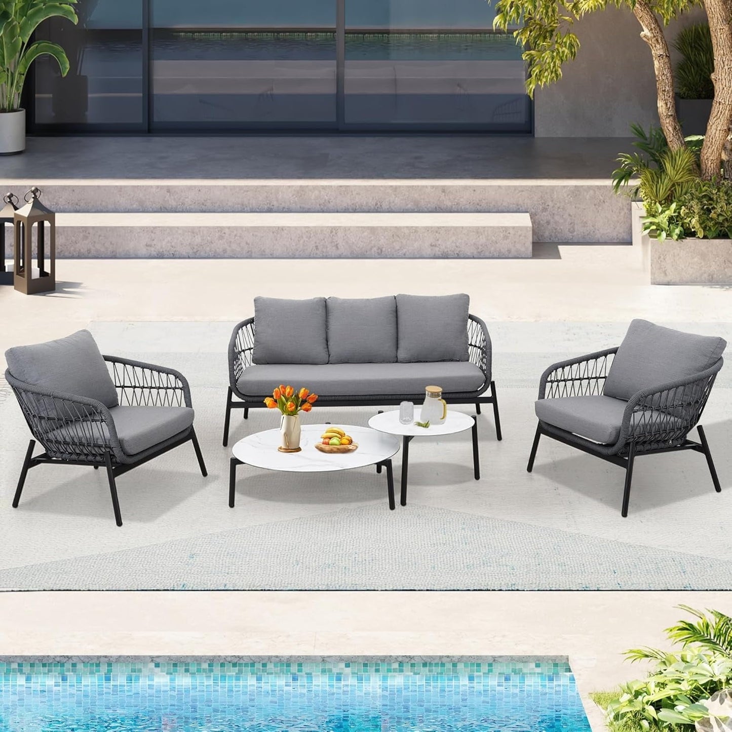 Superjoe 5 Piece Outdoor Patio Furniture Sets, All-Weather Outdoor Conversation Set with Aluminum Frame, Patio Couch Sofa with Nesting Coffee Table and Cushions for Backyard, Balcony, Grey