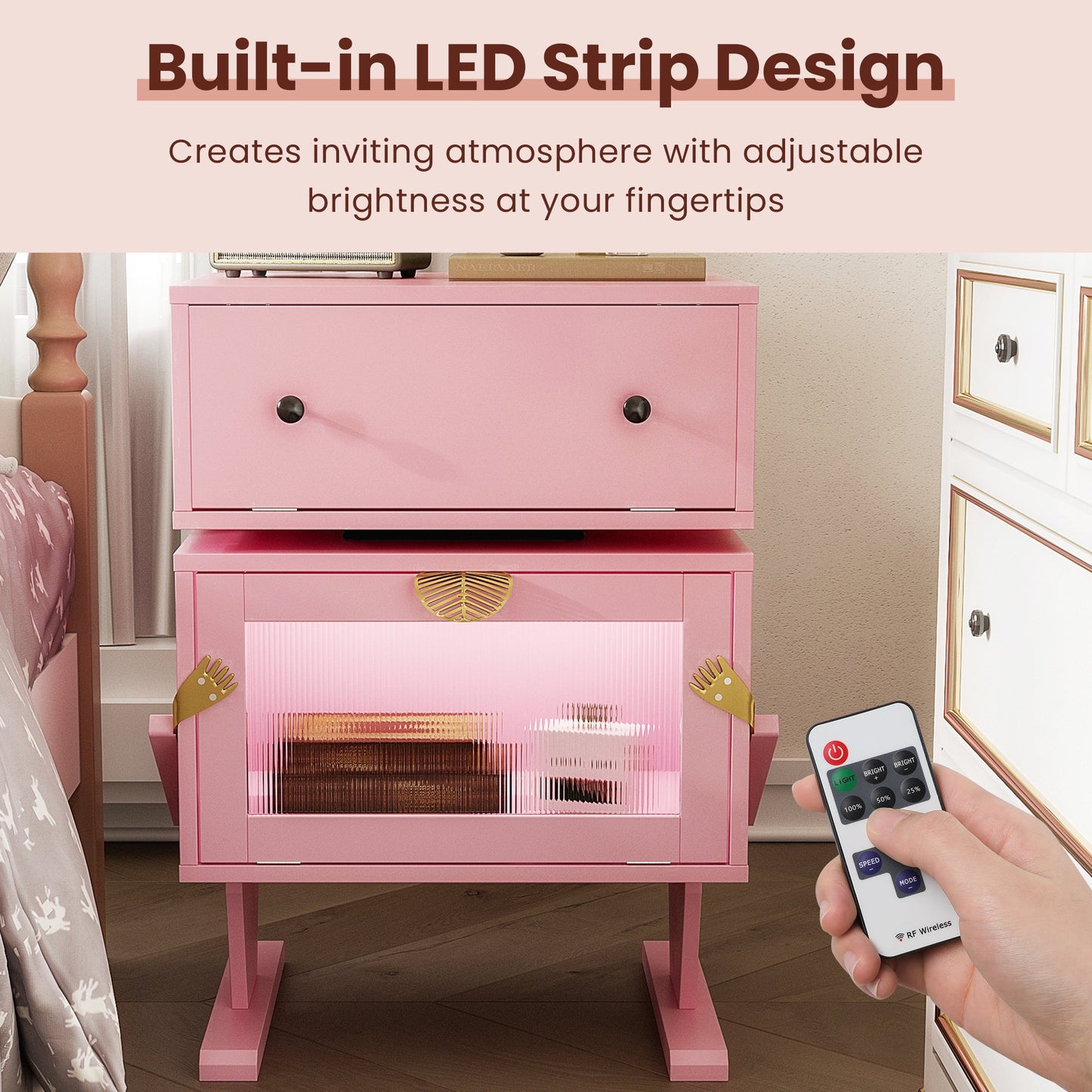 RoyalCraft White Nightstand with LED Light Strips, Modern End Table with 360¡ã Rotating Drawer, Bedside Table with Glass Door Storage, Wood Night Stand Cabinet for Living Room, Bedroom, Nursery