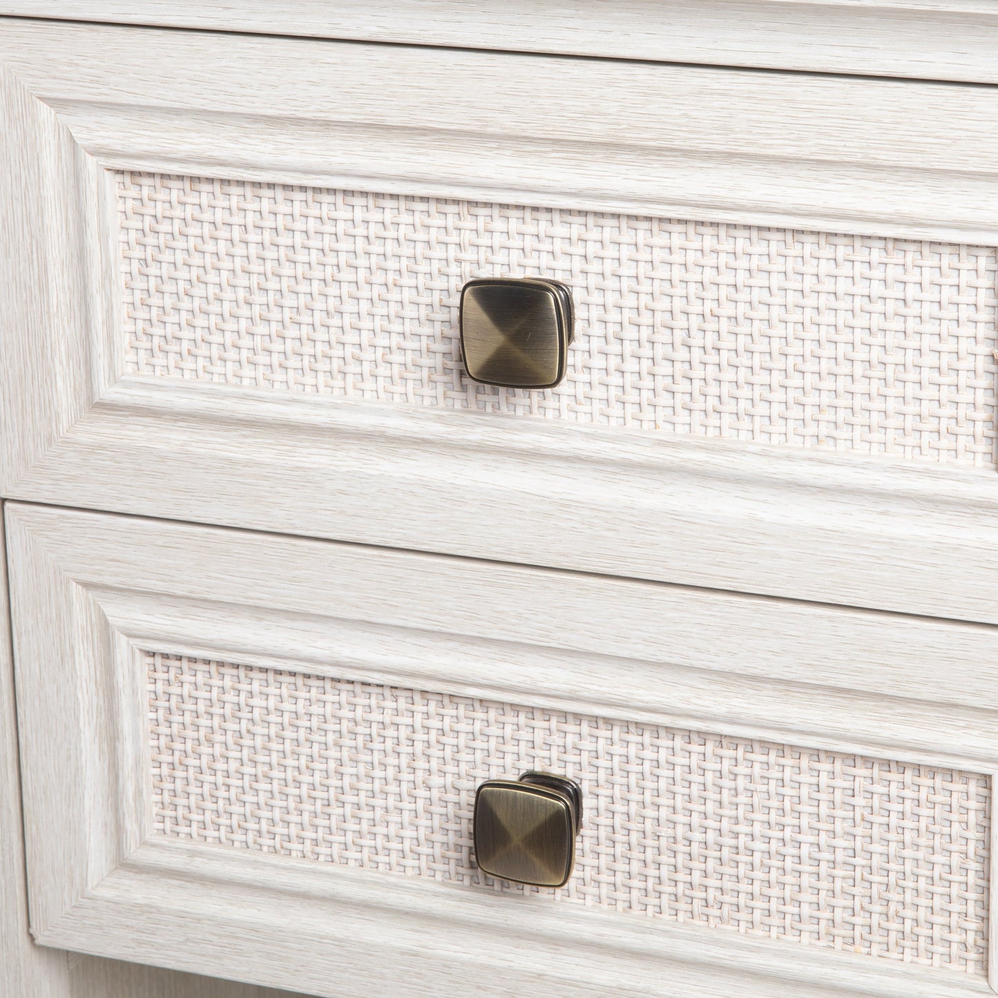 Royalcraft Farmhouse Nightstand, Boho Bedside Table with 2 Rattan Decor Drawers, Accent End Table with Open Storage Shelf, Wood Bedside Unit for Bedroom, Living Room, Home Office, Grayish White