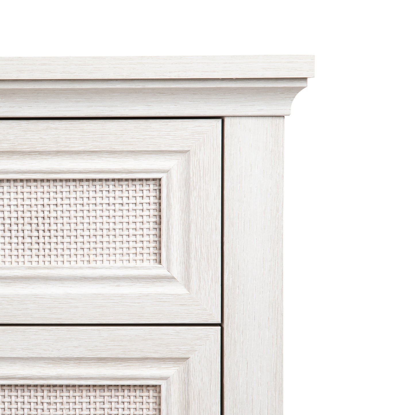 Royalcraft Farmhouse Nightstand, Boho Bedside Table with 2 Rattan Decor Drawers, Accent End Table with Open Storage Shelf, Wood Bedside Unit for Bedroom, Living Room, Home Office, Grayish White