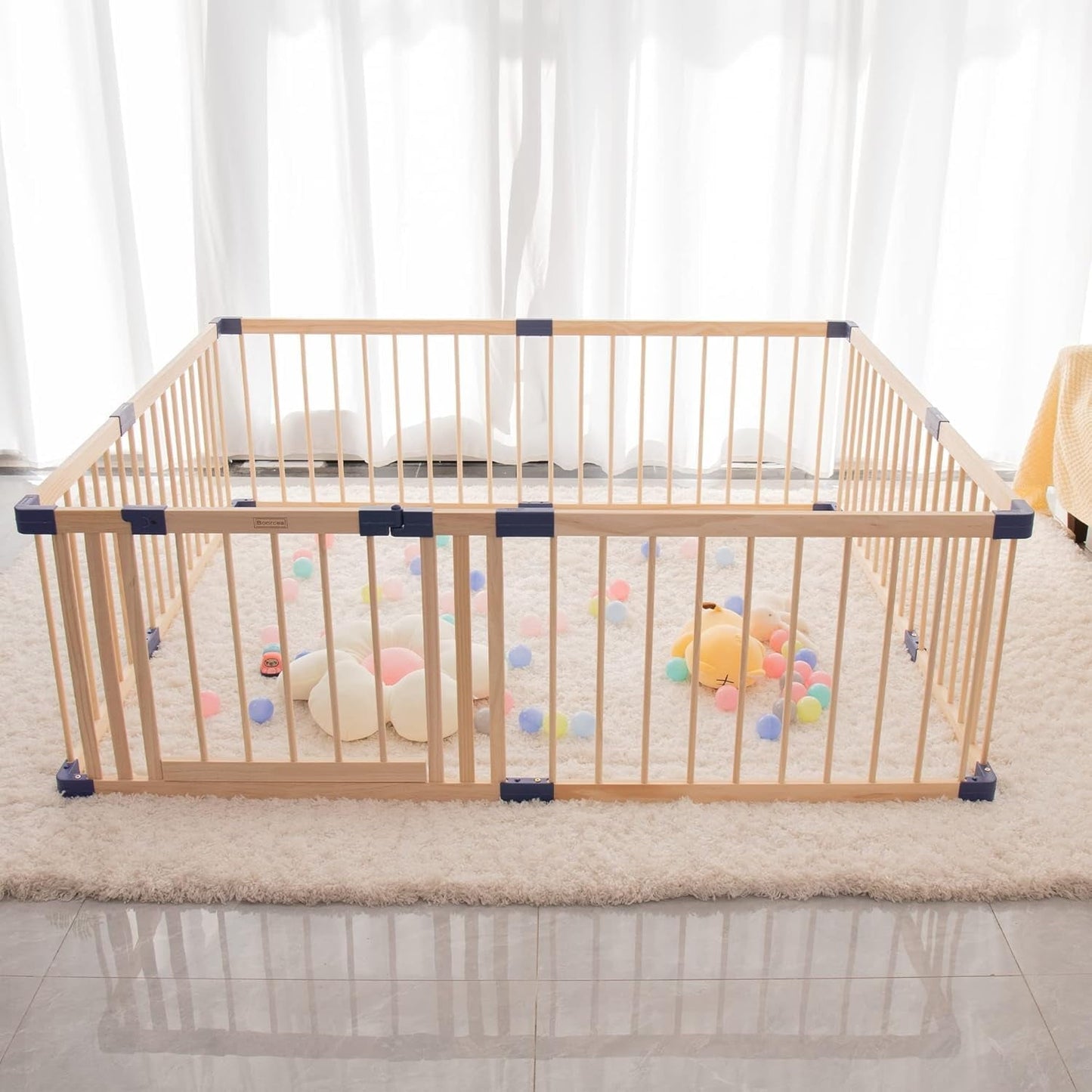 Superjoe Baby Playpen Kids Fence with Safety Gate, Activity Play Center, Safety and Anti-Drop Function, Safety Play Yard Indoor Outdoor Pure Wooden Baby Playpen (71"*59"*24")