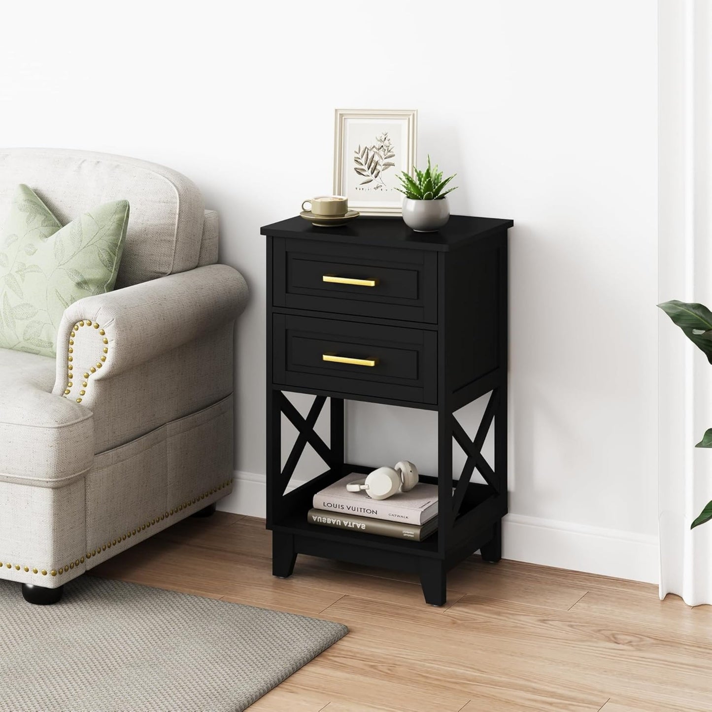 Superjoe Tall Nightstand Set of 1, Side Table with 2 Drawers and Open Shelf Below, Bedside Table with Solid Feet, Modern Night Stand End Table for Bedroom, Living Room, Home Office, Black