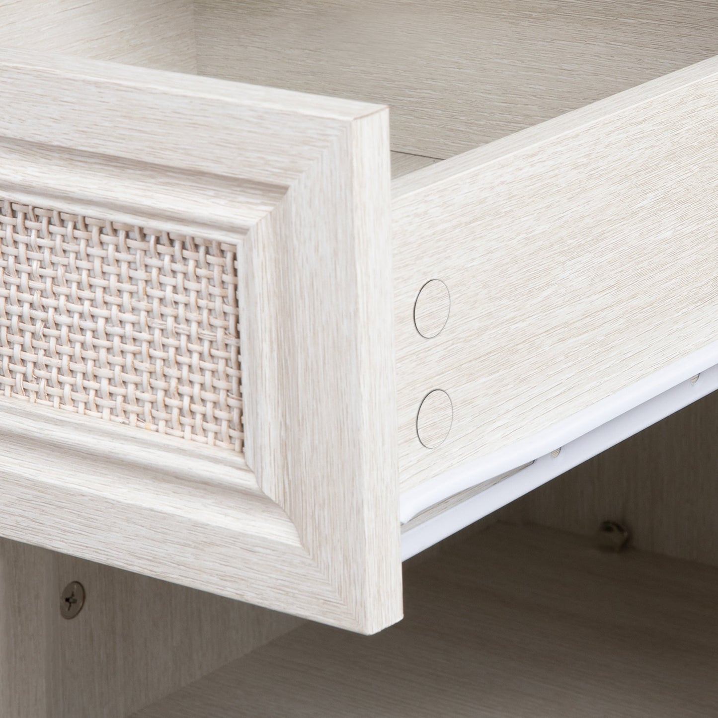 Royalcraft Farmhouse Nightstand, Boho Bedside Table with 2 Rattan Decor Drawers, Accent End Table with Open Storage Shelf, Wood Bedside Unit for Bedroom, Living Room, Home Office, Grayish White