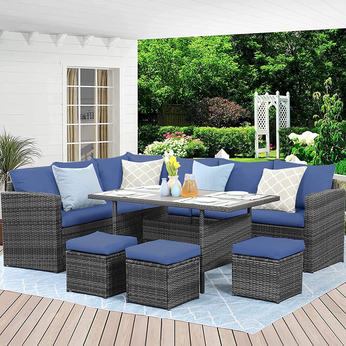CozyHom 7 Pcs Modern Outdoor Patio PE Wicker Rattan Conversation Sofa Furniture Set, Sectional Furniture Couch Sets with Dining Table and Cushions, Blue