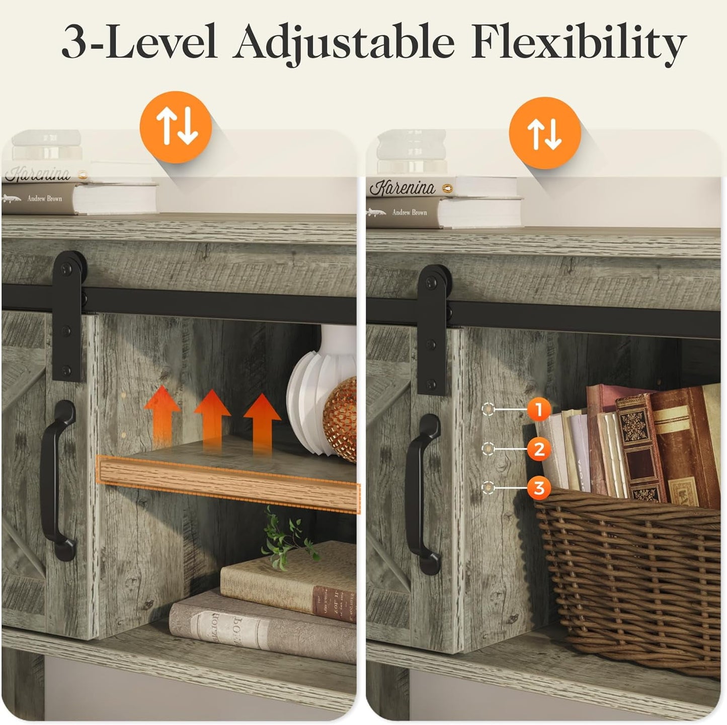 CozyHom Farmhouse Console Table with Storages&Shelves, Side Entryway Table With Sliding Barn Doors, Light Gray