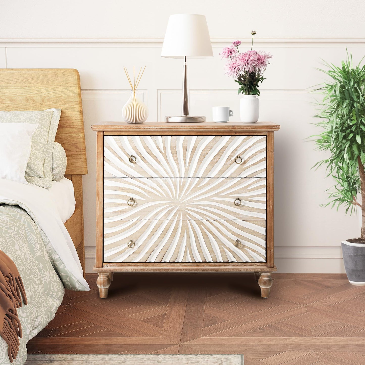 Superjoe 3 Drawer Dresser, 3 Chest of Drawers, Accent Storage Cabinet with Drawers, Wooden Closet Organizer, Bedside Table with Gourd Legs, Nightstand for Bedroom Hallway Living Room, Natural Color