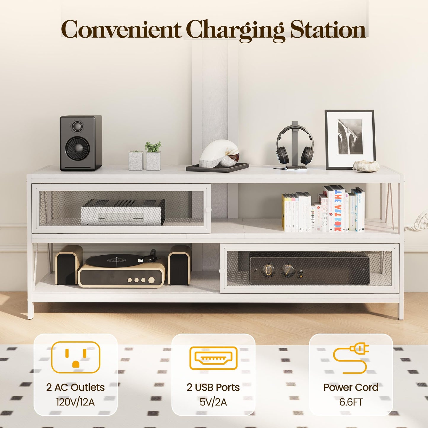 Superjoe TV Stand with Mount and LED Light, Swivel Entertainment Center for TVs 32-65 Inches, 3-Tier Gaming Media Console Tablefor Living Room, Bedroom, Office, White